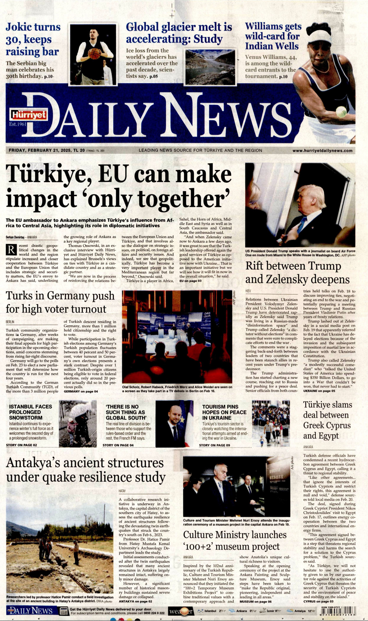 HÜRRİYET DAİLY NEWS gazetesinin 21 Şubat 2025 tarihli birinci sayfası
