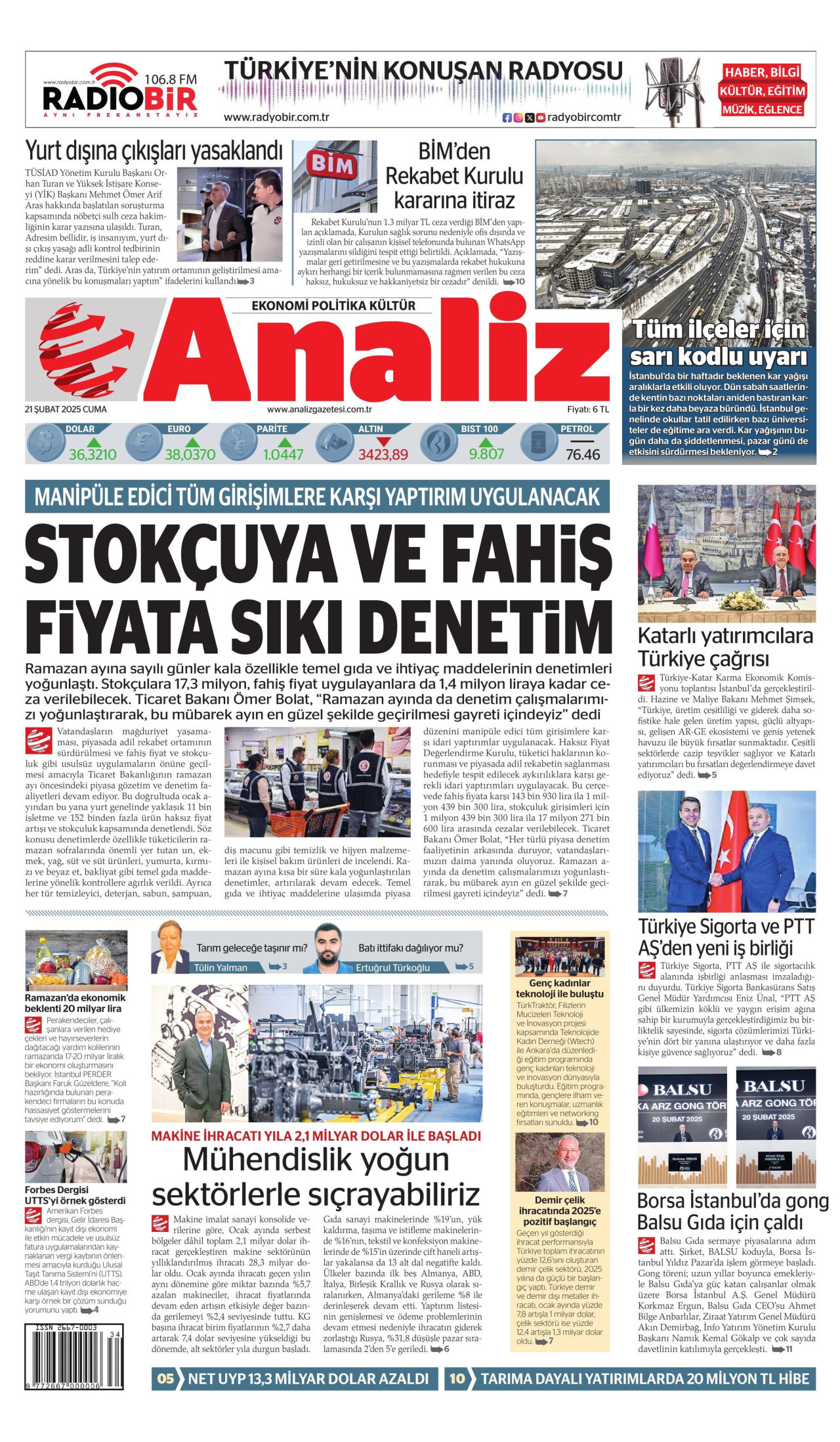 ANALİZ gazetesinin 21 Şubat 2025 tarihli birinci sayfası