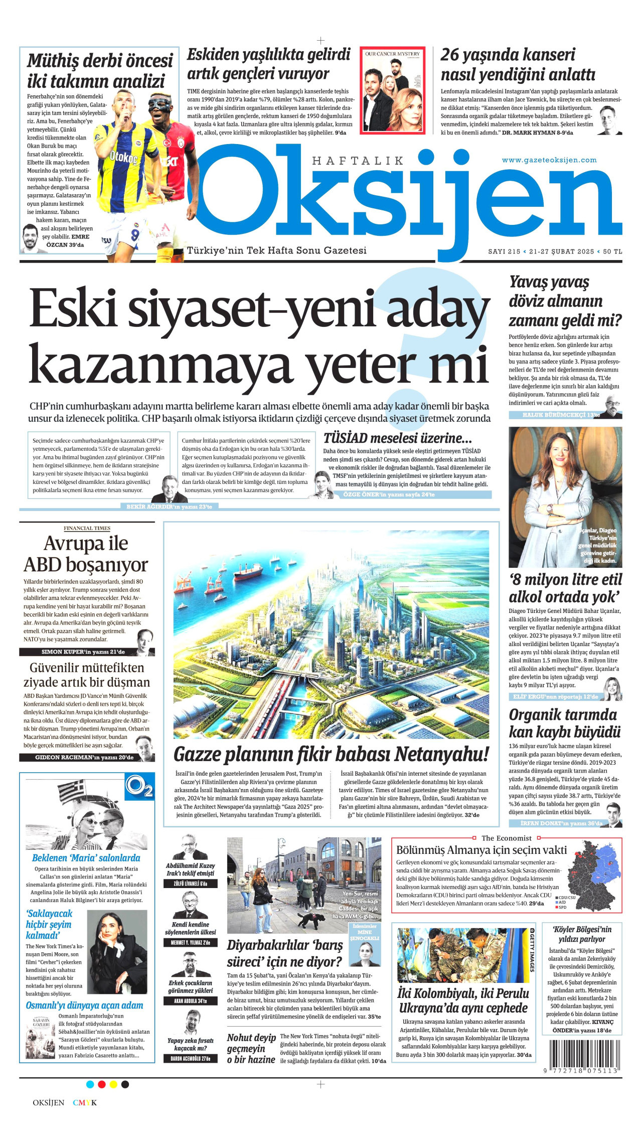 OKSİJEN gazetesinin 21 Şubat 2025 tarihli birinci sayfası