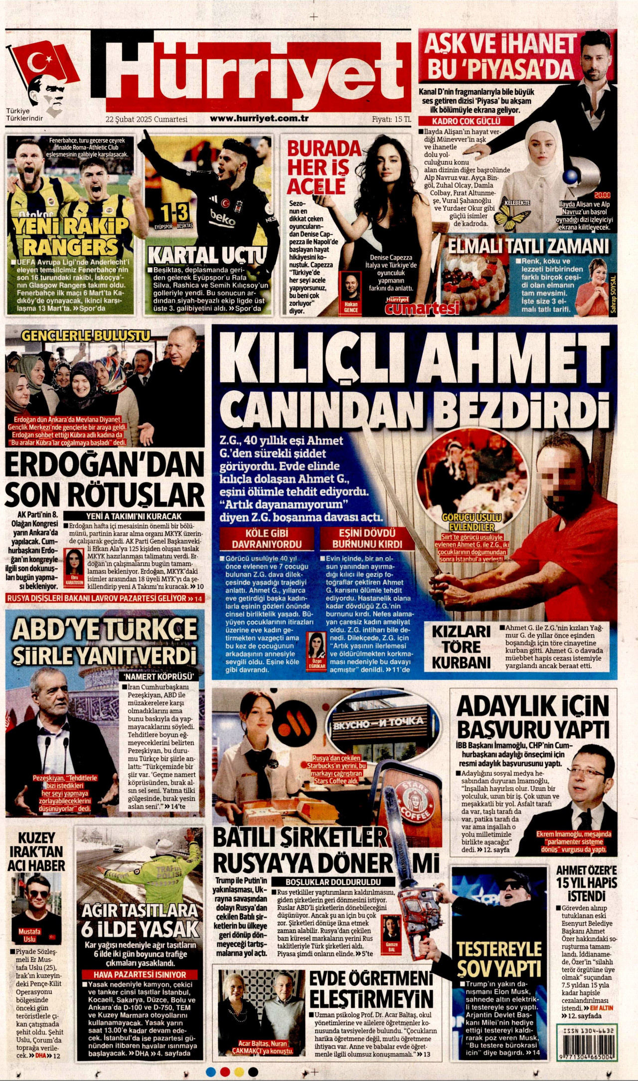 HÜRRİYET gazetesinin 22 Şubat 2025 tarihli birinci sayfası