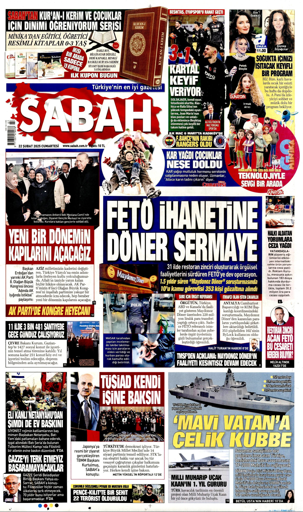 SABAH gazetesinin 22 Şubat 2025 tarihli birinci sayfası