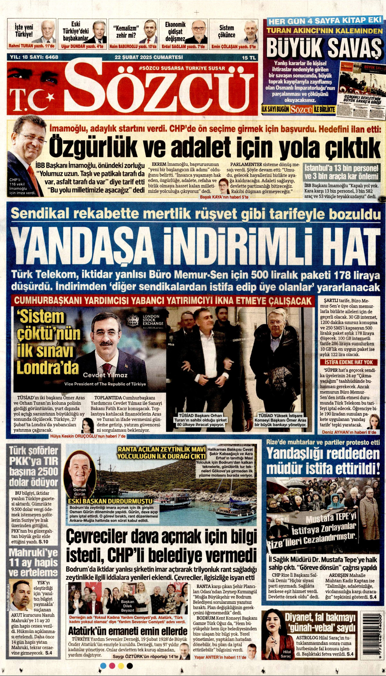 SÖZCÜ gazetesinin 22 Şubat 2025 tarihli birinci sayfası