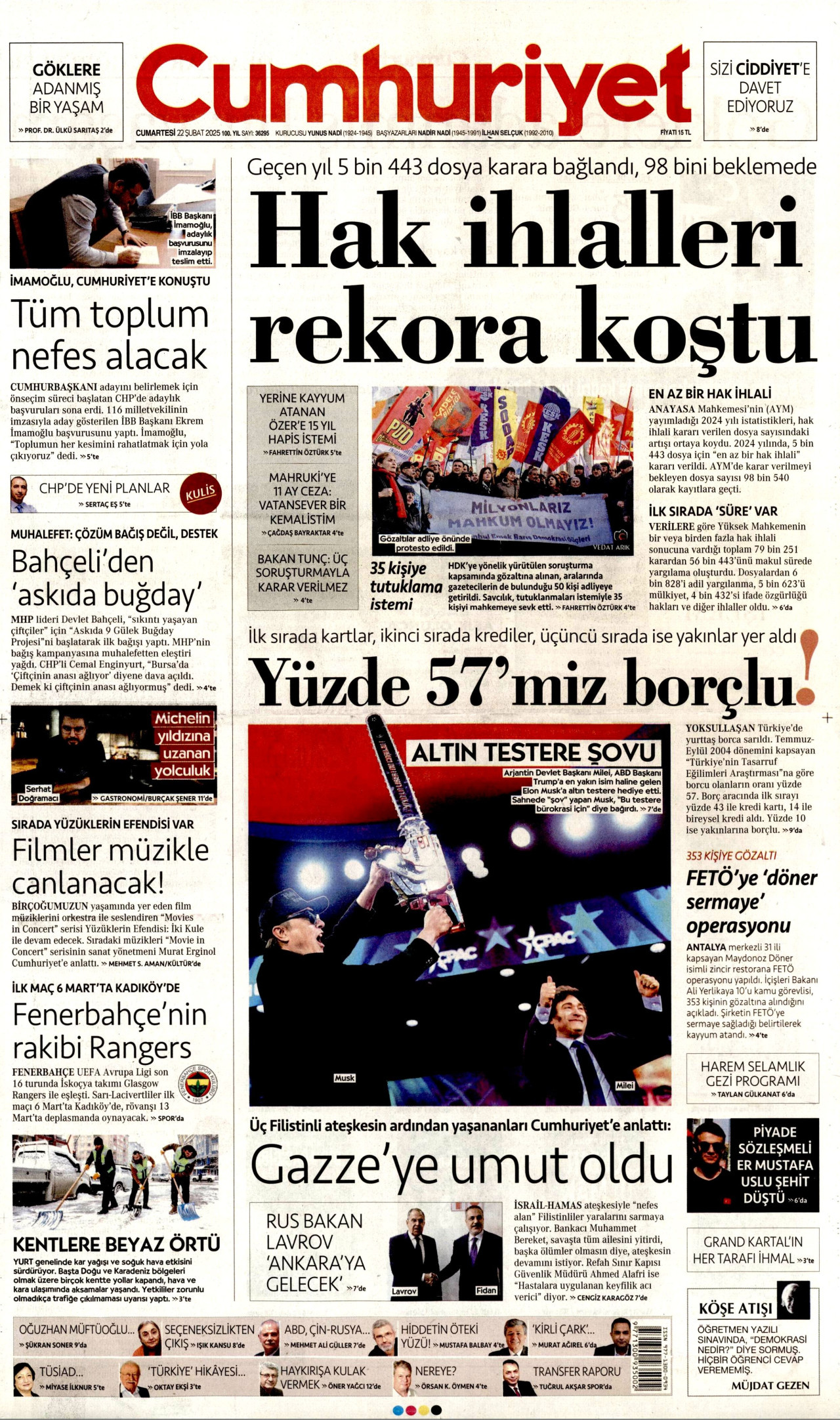 CUMHURİYET gazetesinin 22 Şubat 2025 tarihli birinci sayfası