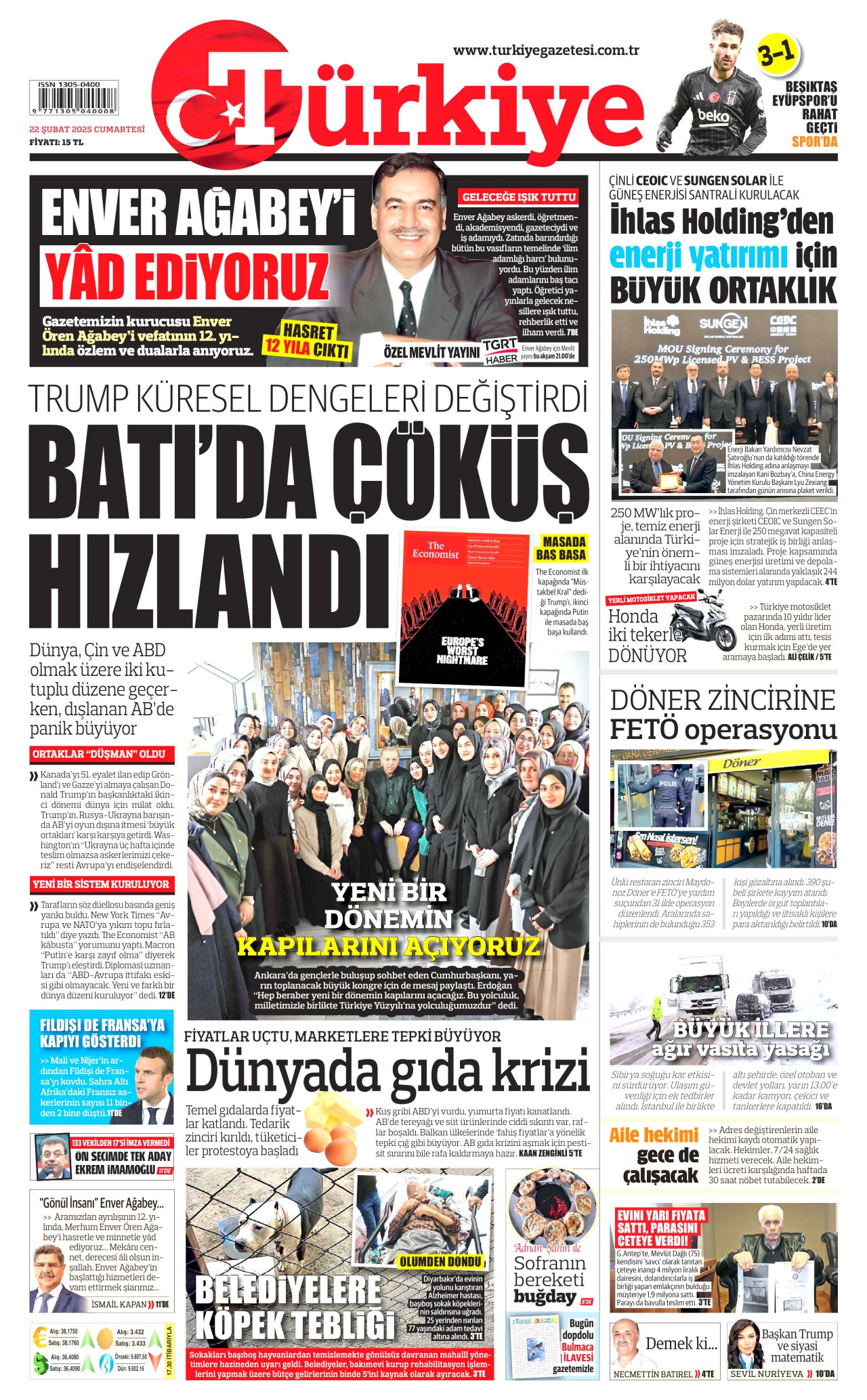 TÜRKİYE GAZETESİ gazetesinin 22 Şubat 2025 tarihli birinci sayfası
