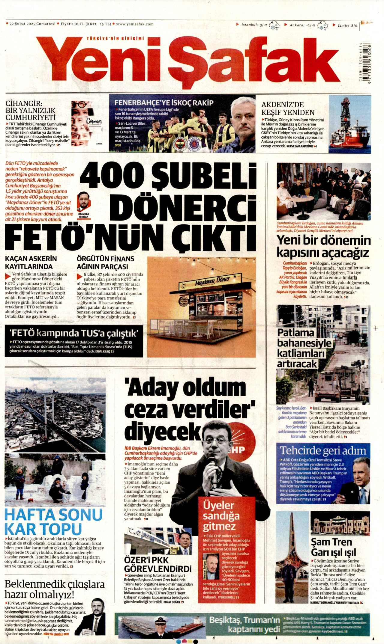 YENİ ŞAFAK gazetesinin 22 Şubat 2025 tarihli birinci sayfası