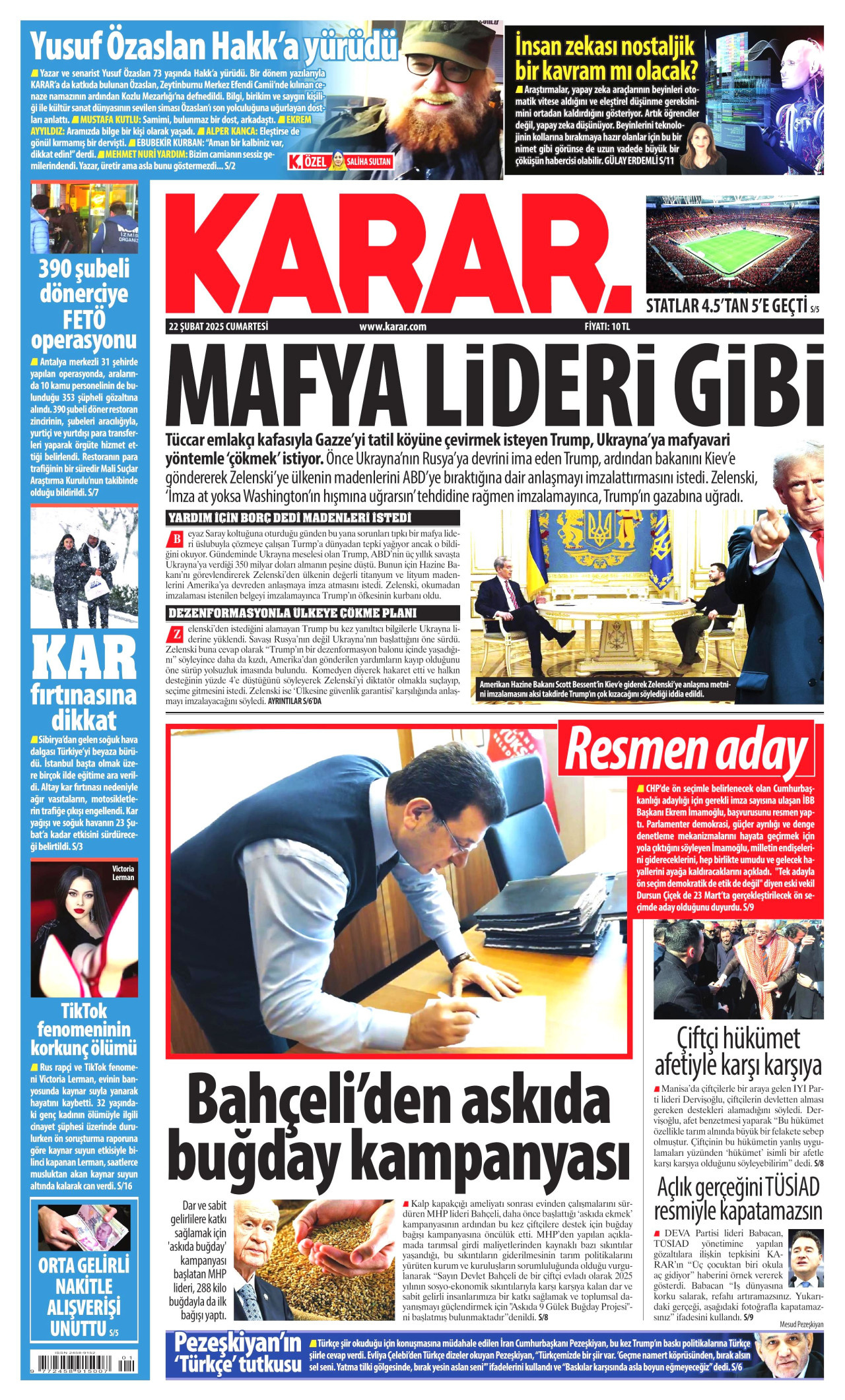 KARAR gazetesinin 22 Şubat 2025 tarihli birinci sayfası
