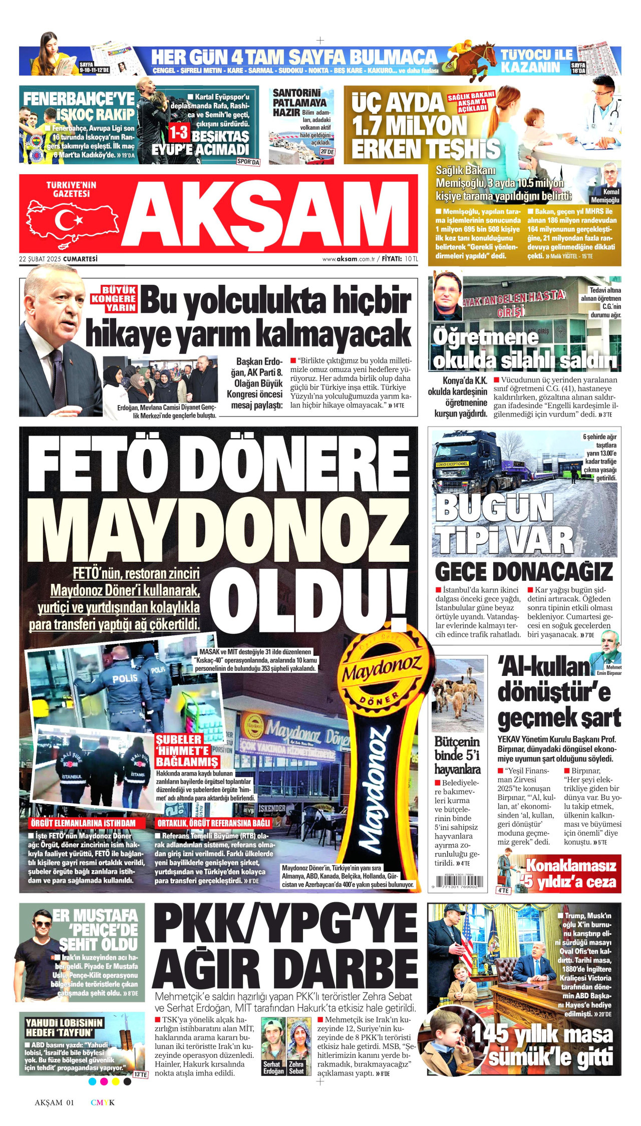 AKŞAM gazetesinin 22 Şubat 2025 tarihli birinci sayfası