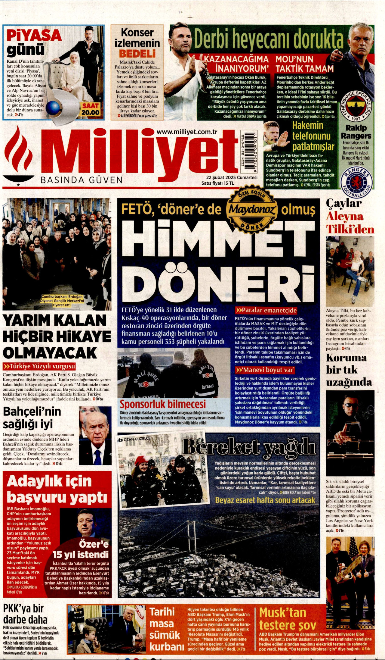 MİLLİYET gazetesinin 22 Şubat 2025 tarihli birinci sayfası
