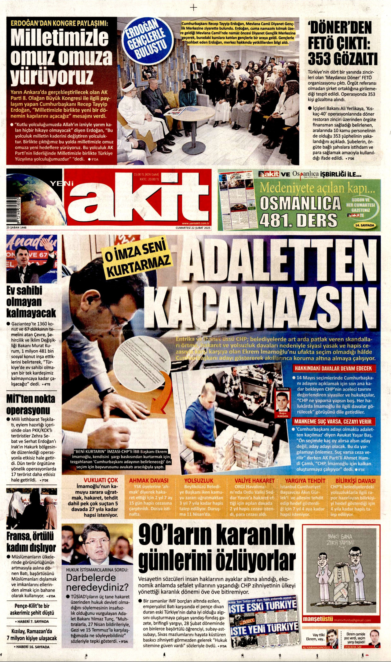 YENİ AKİT gazetesinin 22 Şubat 2025 tarihli birinci sayfası