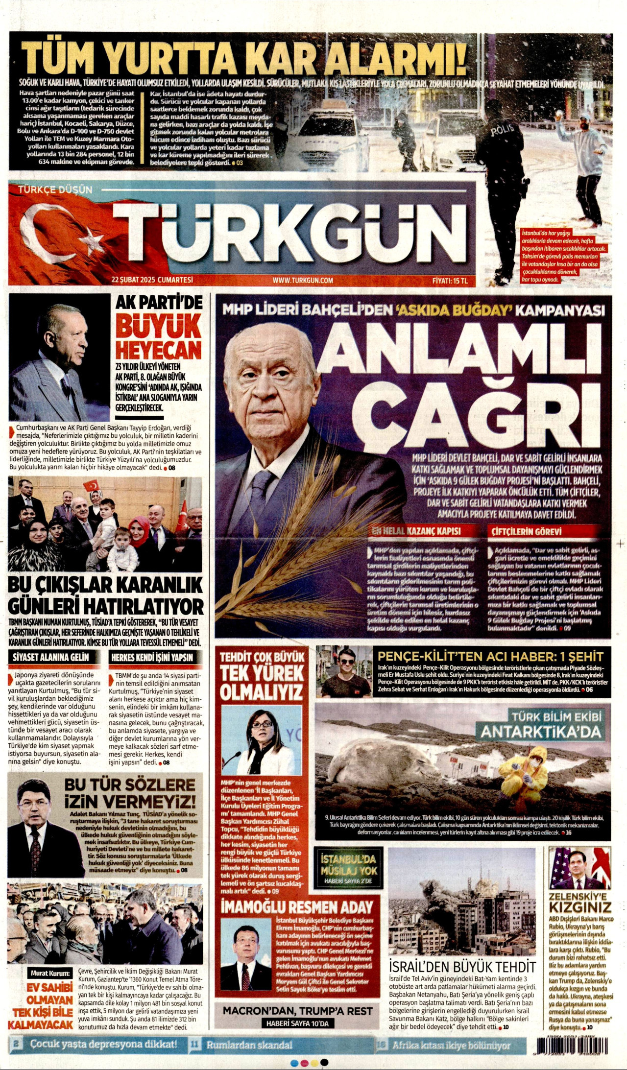 TÜRKGÜN gazetesinin 22 Şubat 2025 tarihli birinci sayfası