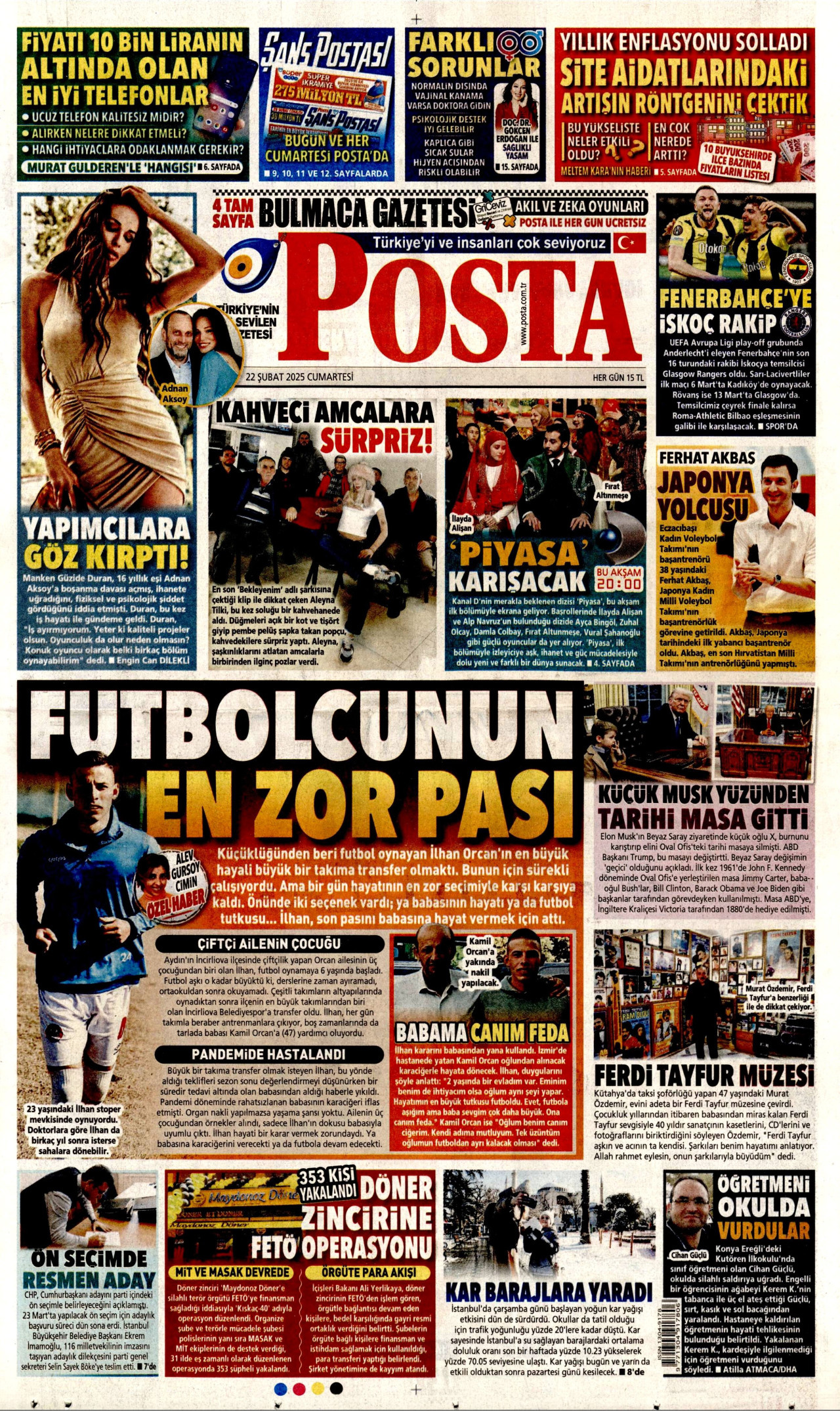 POSTA gazetesinin 22 Şubat 2025 tarihli birinci sayfası