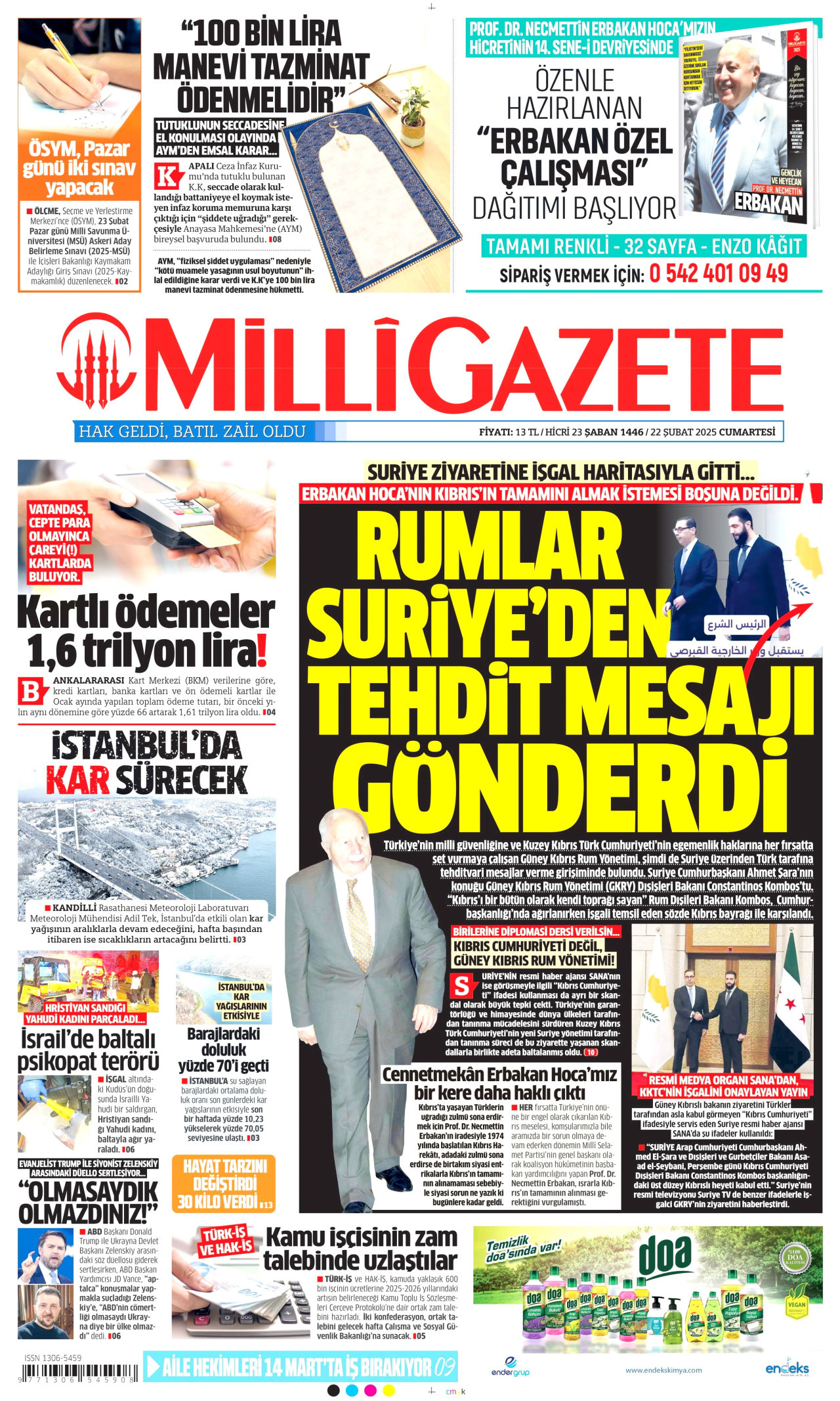 MİLLİ GAZETE gazetesinin 22 Şubat 2025 tarihli birinci sayfası