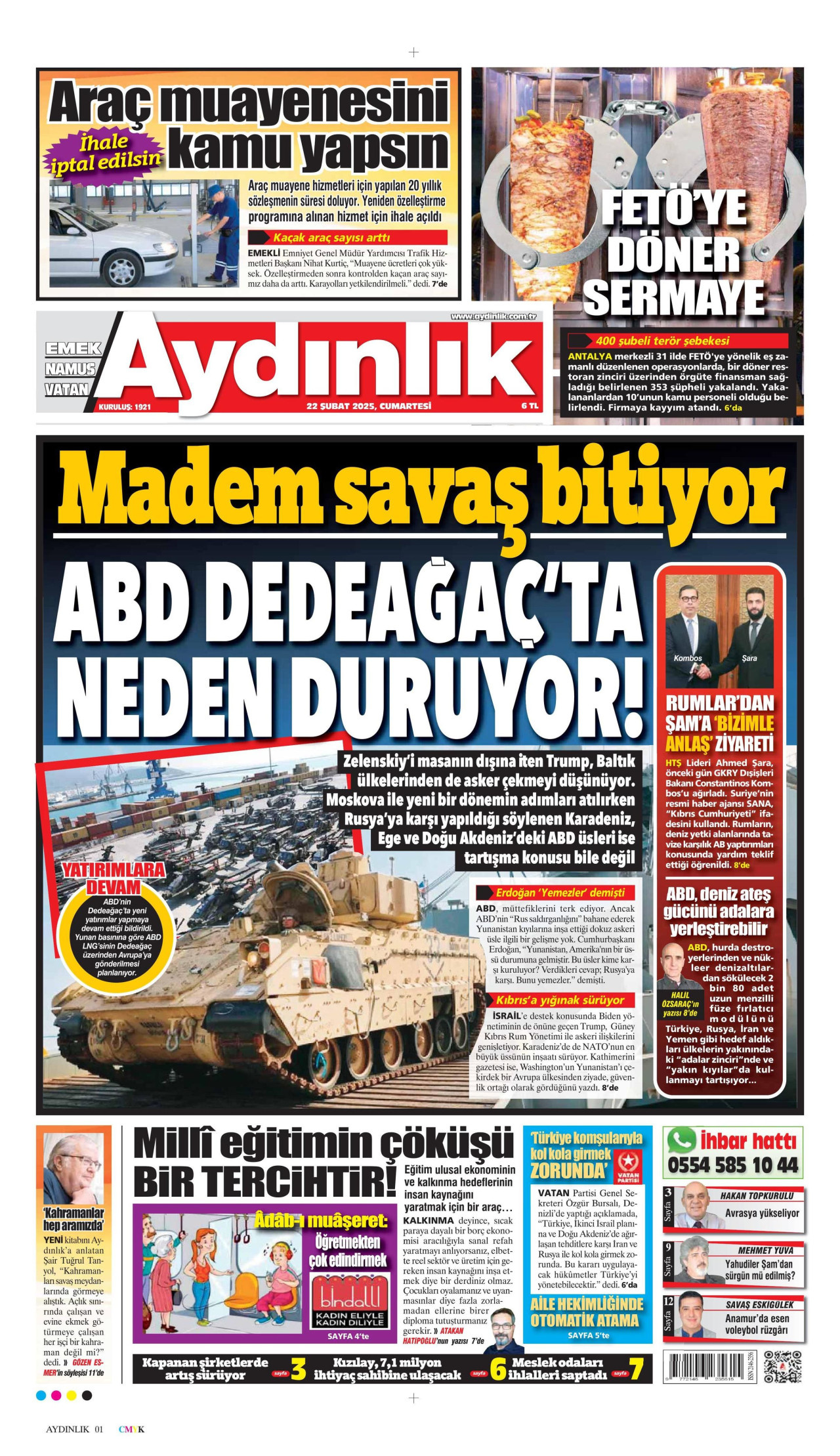 AYDINLIK GAZETESİ gazetesinin 22 Şubat 2025 tarihli birinci sayfası