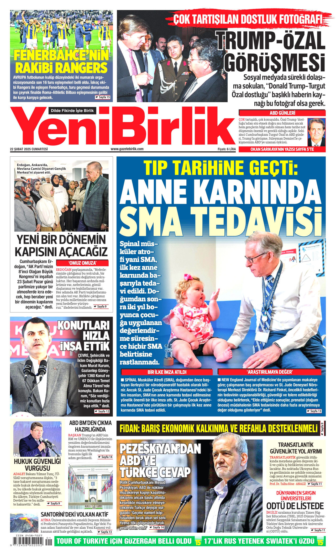 YENİBİRLİK gazetesinin 22 Şubat 2025 tarihli birinci sayfası