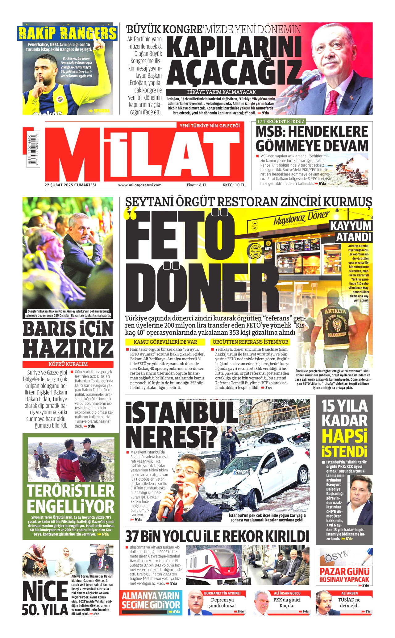MİLAT gazetesinin 22 Şubat 2025 tarihli birinci sayfası