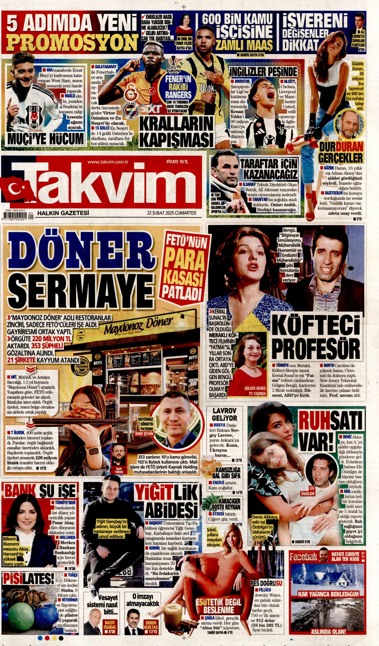 TAKVİM gazetesinin 22 Şubat 2025 tarihli birinci sayfası