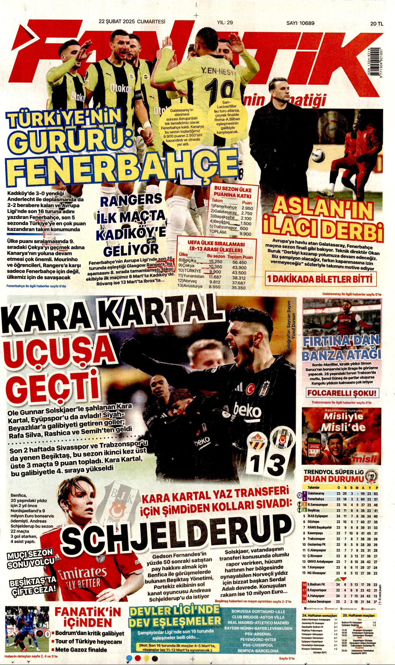FANATİK gazetesinin 22 Şubat 2025 tarihli birinci sayfası