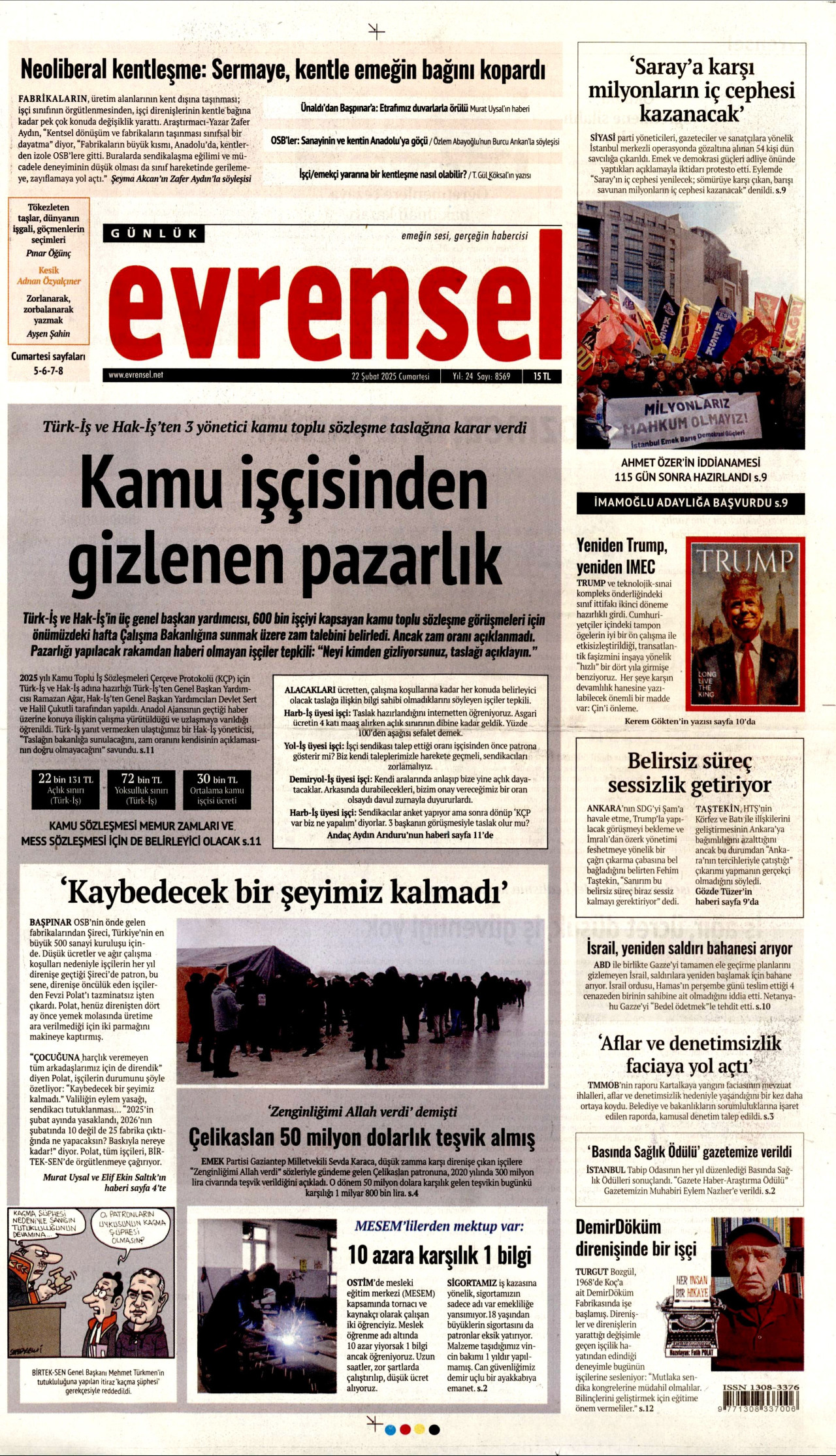 EVRENSEL gazetesinin 22 Şubat 2025 tarihli birinci sayfası