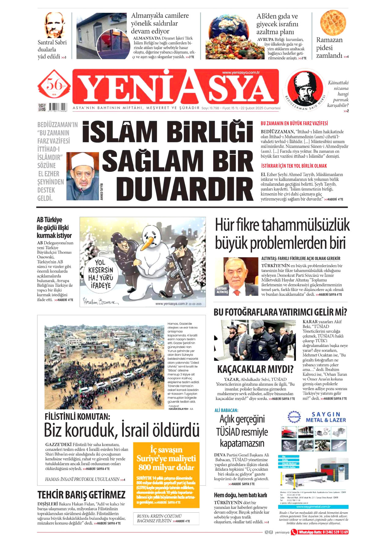 YENİ ASYA gazetesinin 22 Şubat 2025 tarihli birinci sayfası