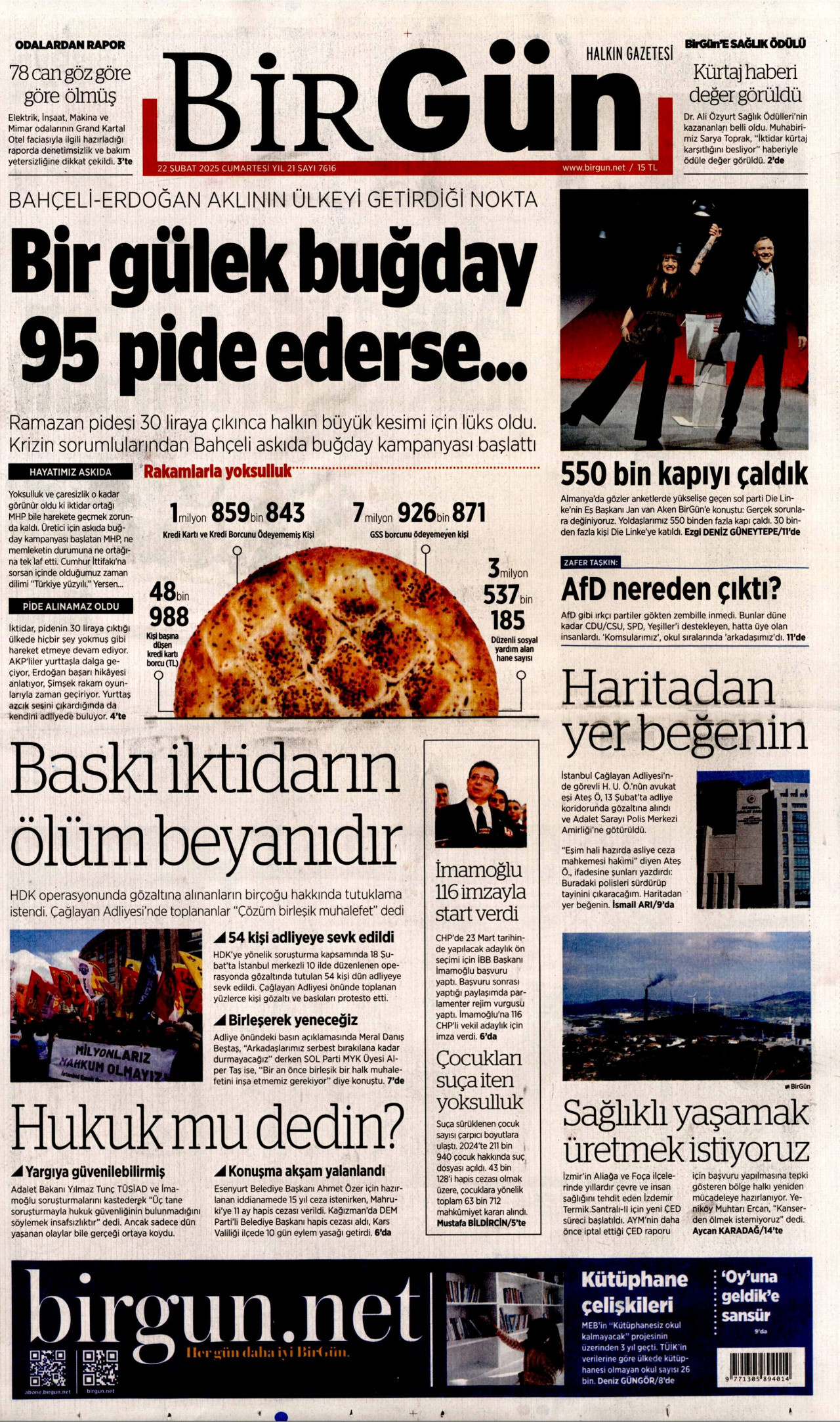 BİRGÜN gazetesinin 22 Şubat 2025 tarihli birinci sayfası