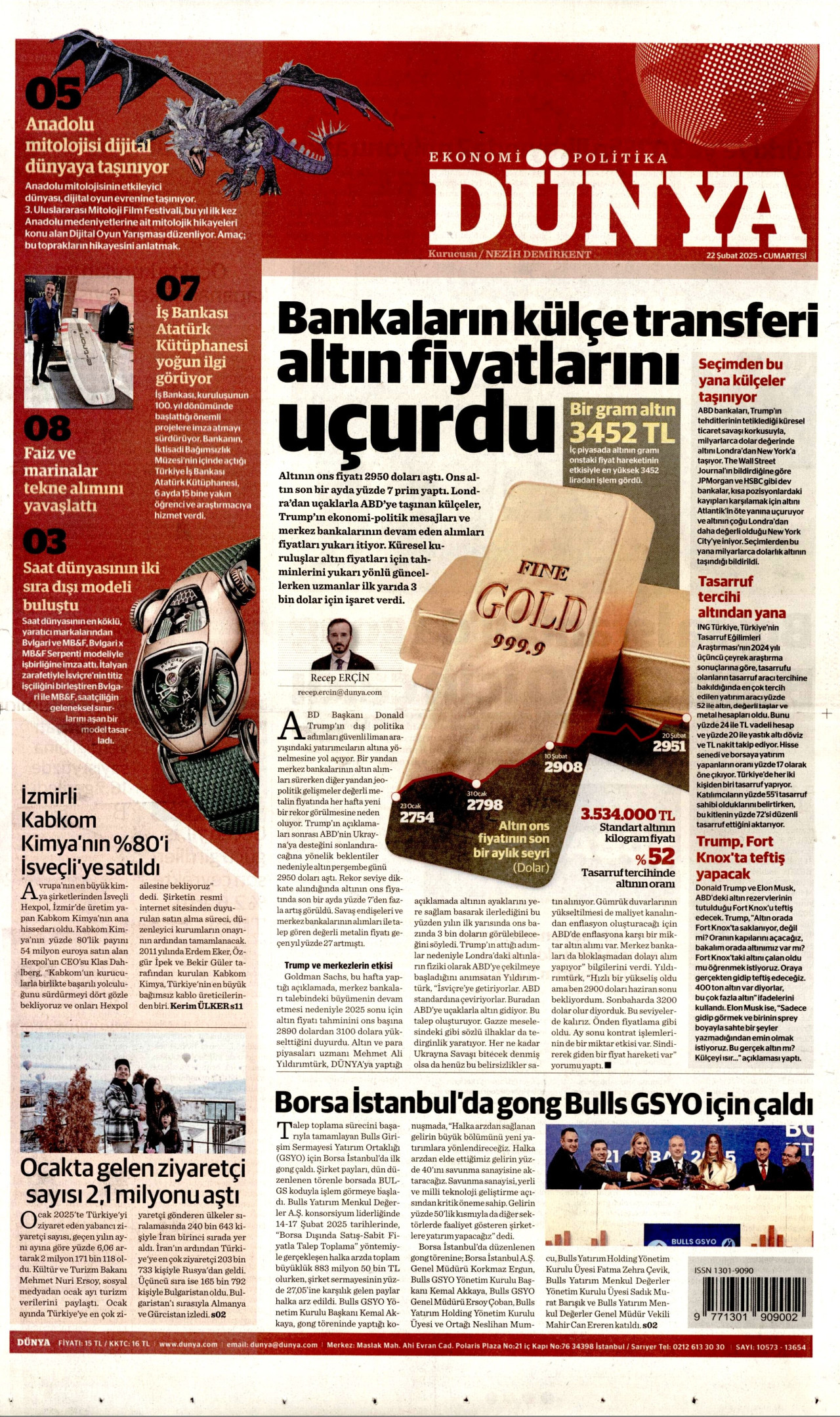 DÜNYA gazetesinin 22 Şubat 2025 tarihli birinci sayfası