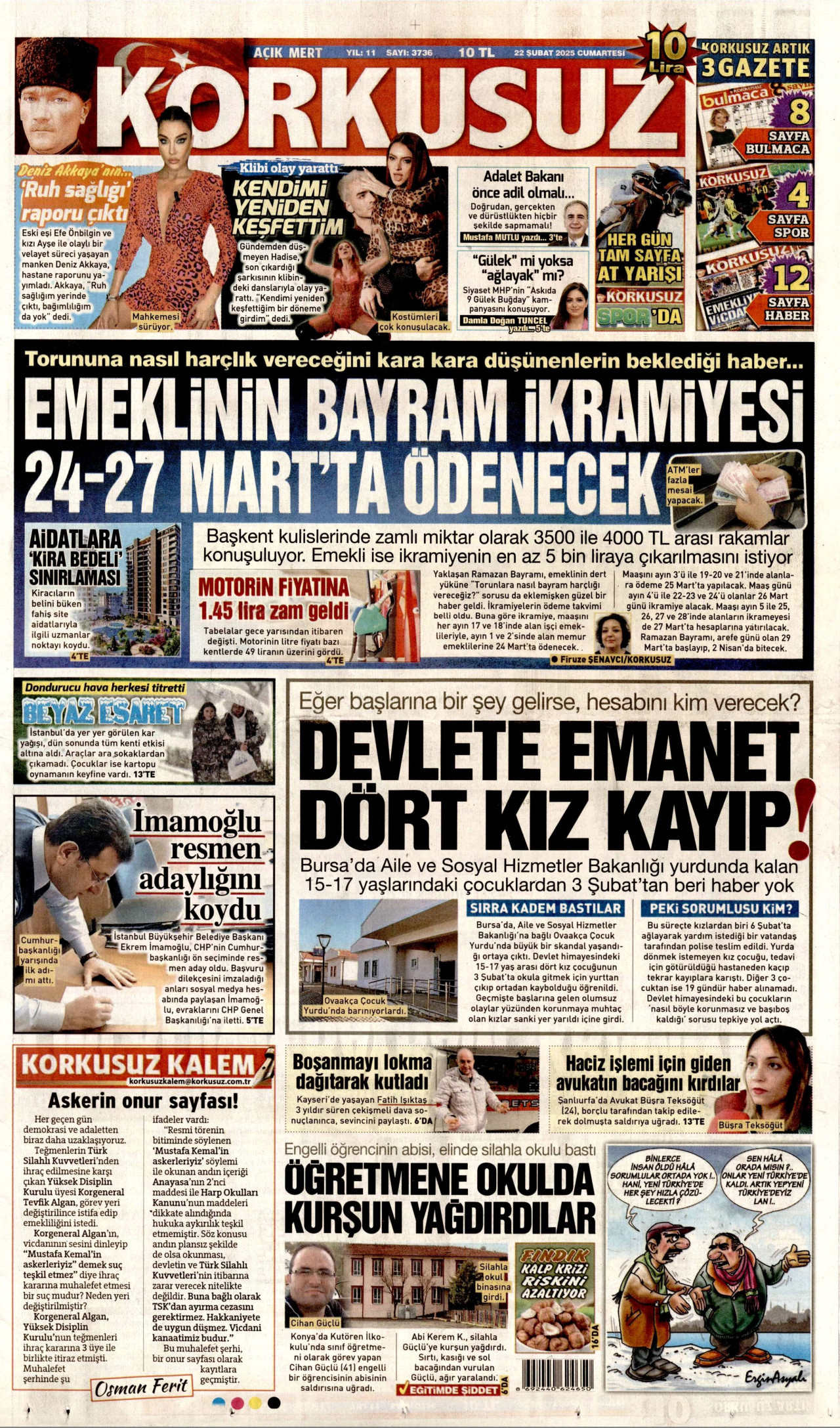 KORKUSUZ gazetesinin 22 Şubat 2025 tarihli birinci sayfası