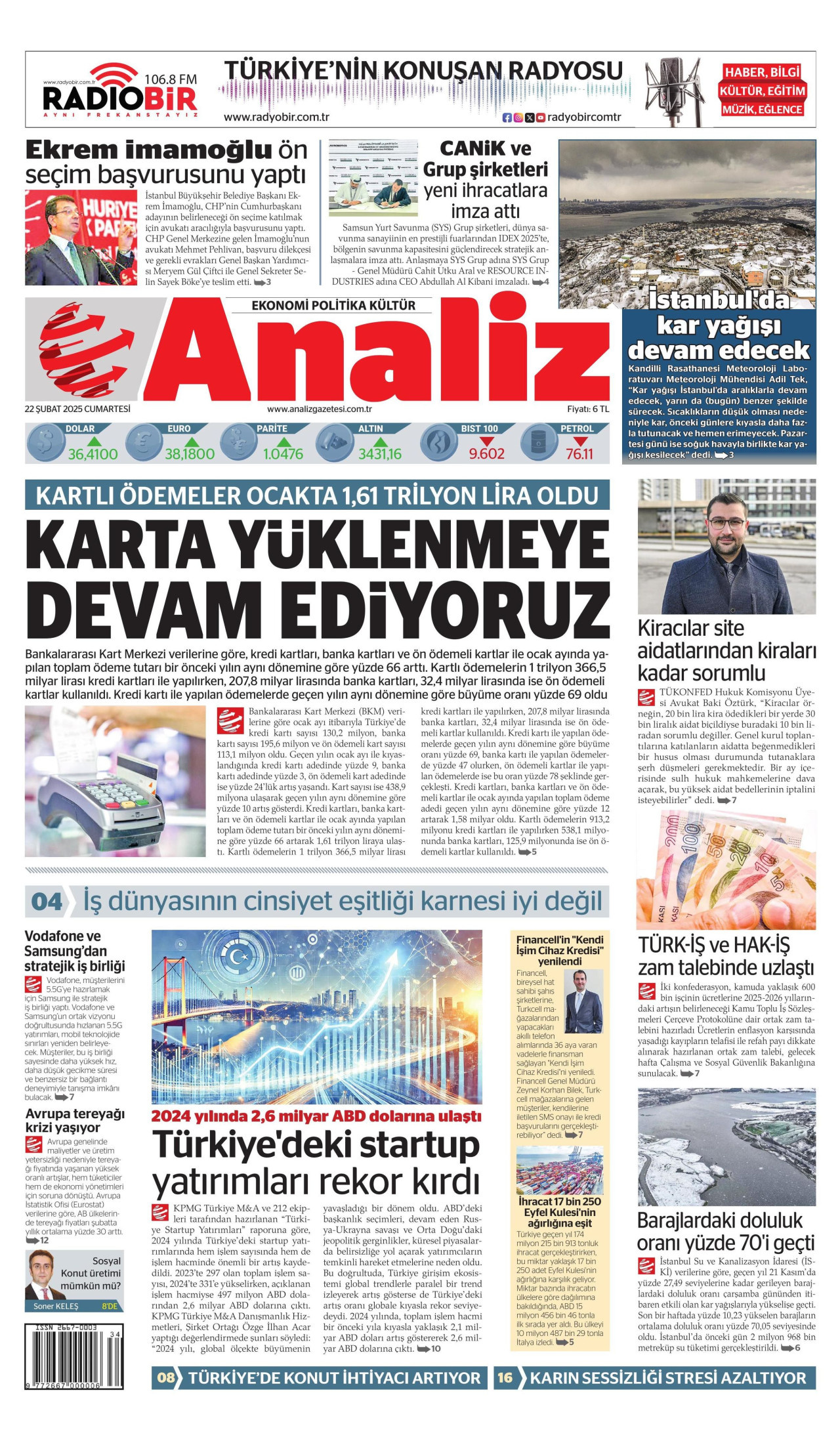 ANALİZ gazetesinin 22 Şubat 2025 tarihli birinci sayfası