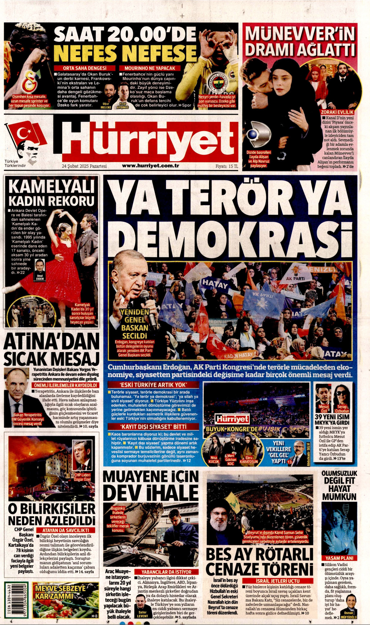 HÜRRİYET gazetesinin 24 Şubat 2025 tarihli birinci sayfası
