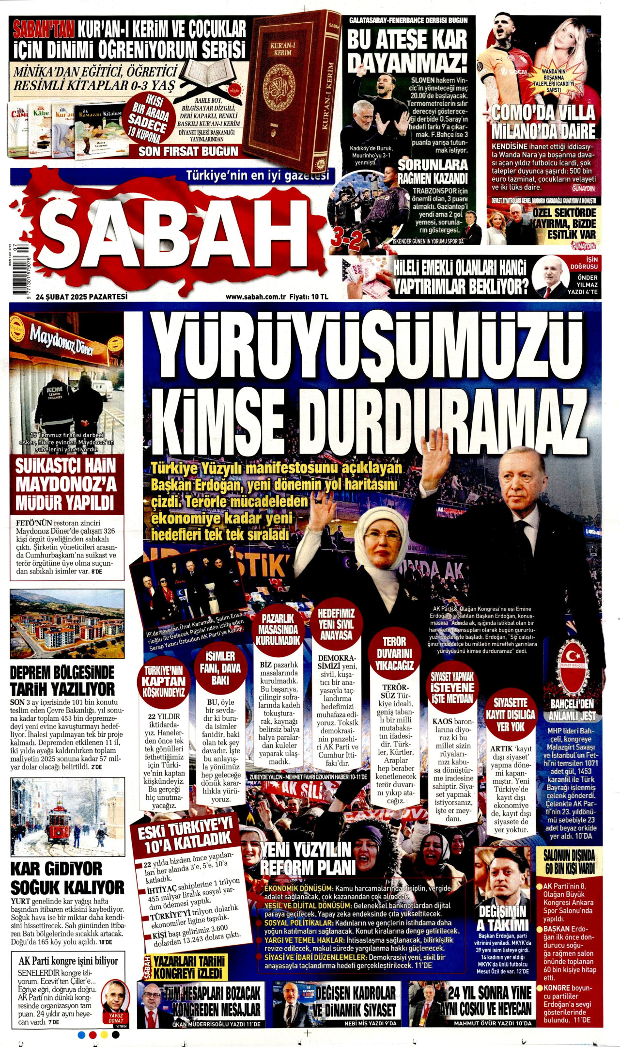 SABAH gazetesinin 24 Şubat 2025 tarihli birinci sayfası