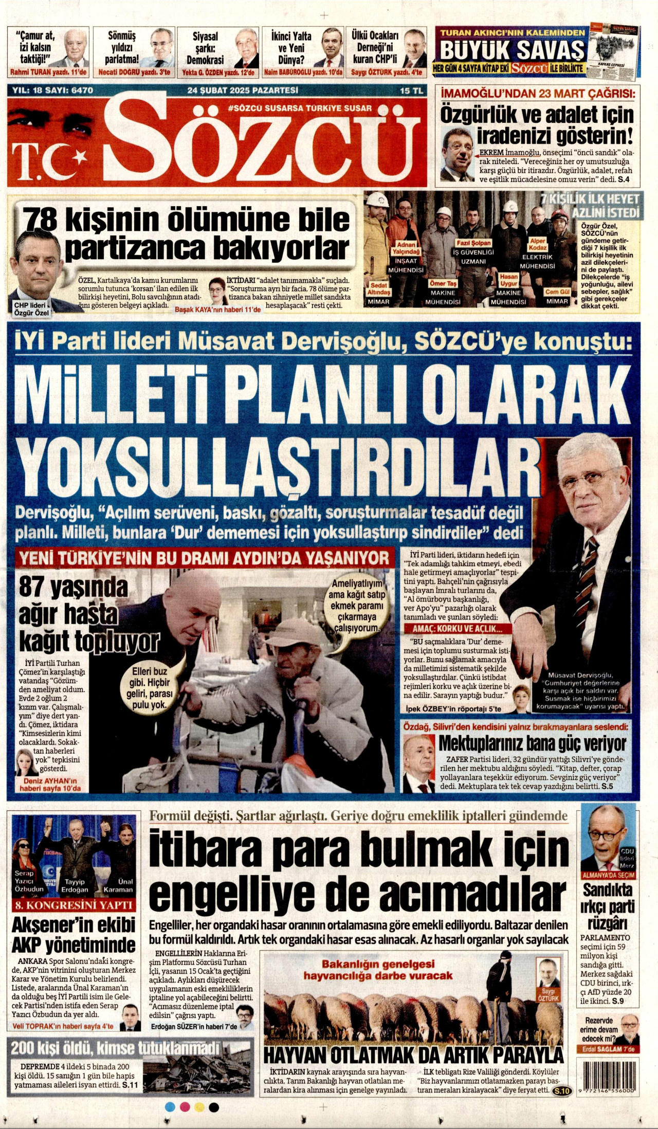 SÖZCÜ gazetesinin 24 Şubat 2025 tarihli birinci sayfası