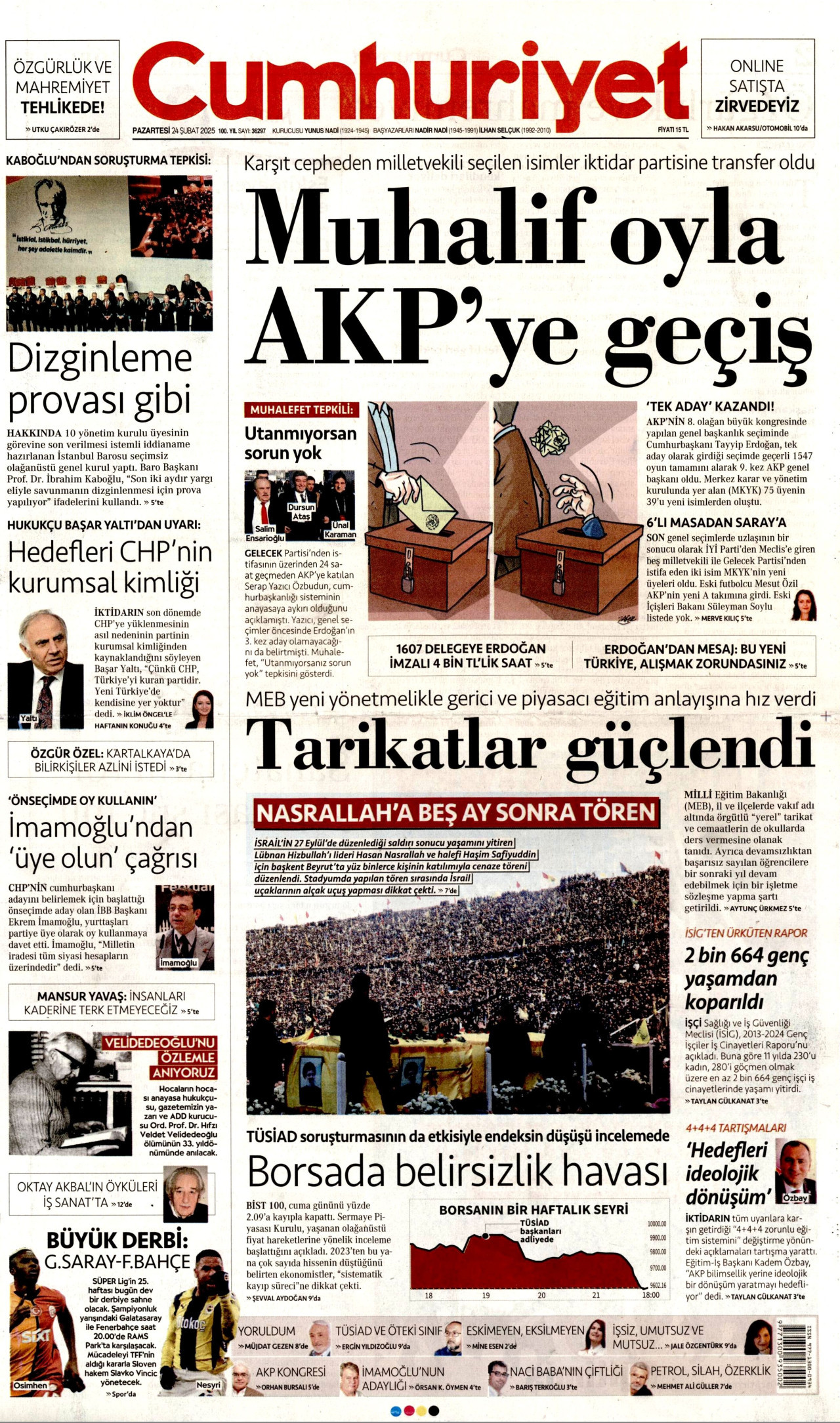 CUMHURİYET gazetesinin 24 Şubat 2025 tarihli birinci sayfası