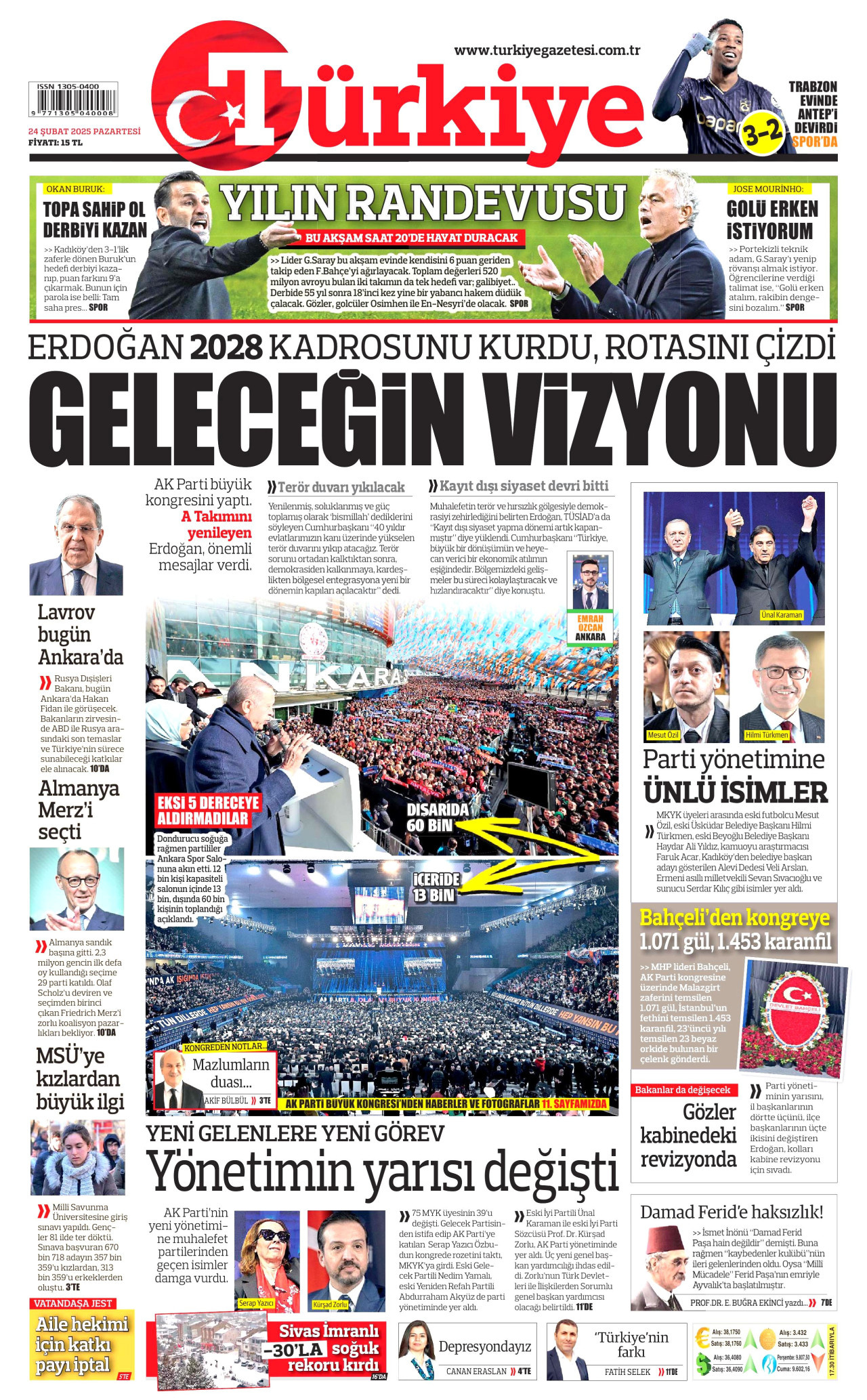 TÜRKİYE GAZETESİ gazetesinin 24 Şubat 2025 tarihli birinci sayfası