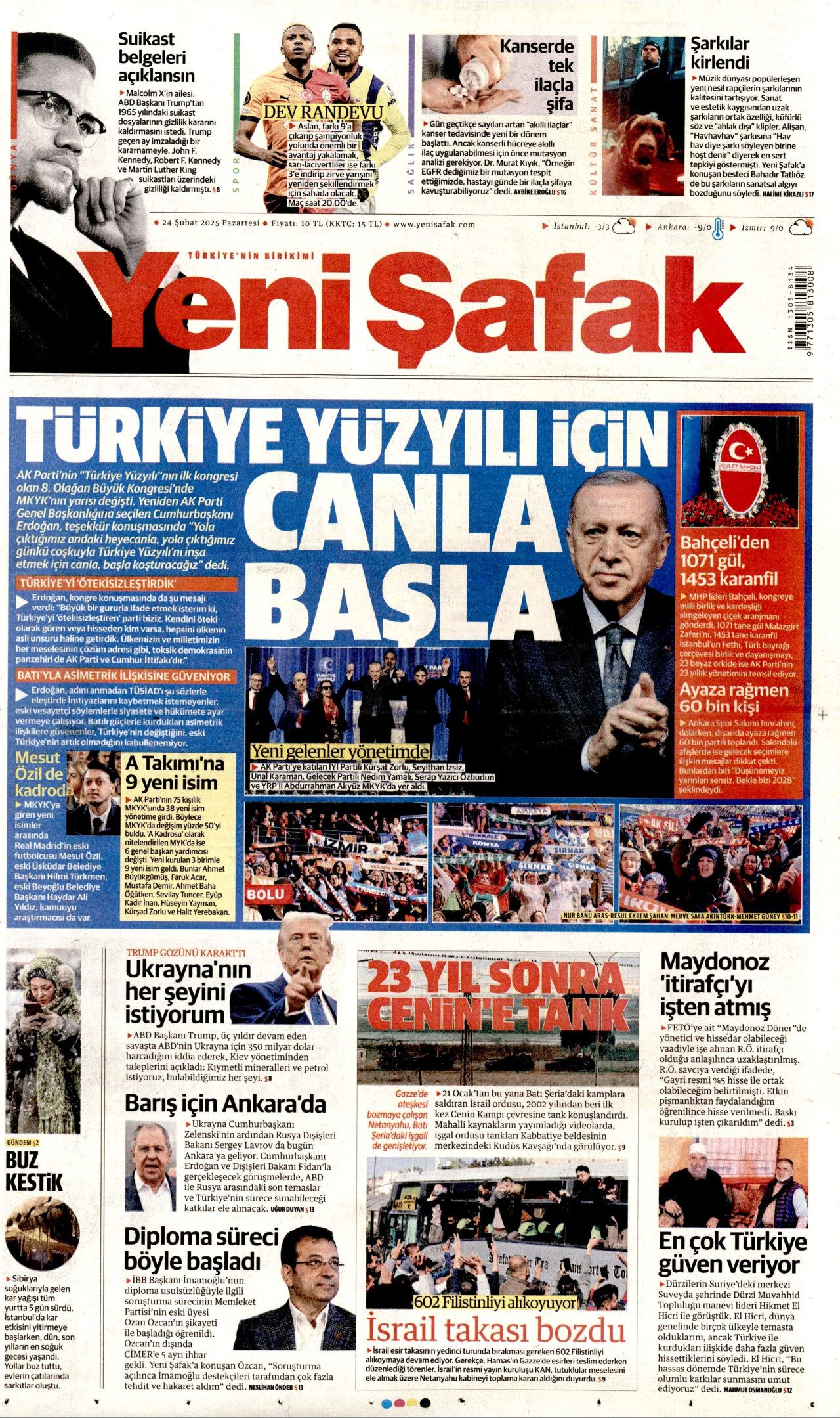 YENİ ŞAFAK gazetesinin 24 Şubat 2025 tarihli birinci sayfası