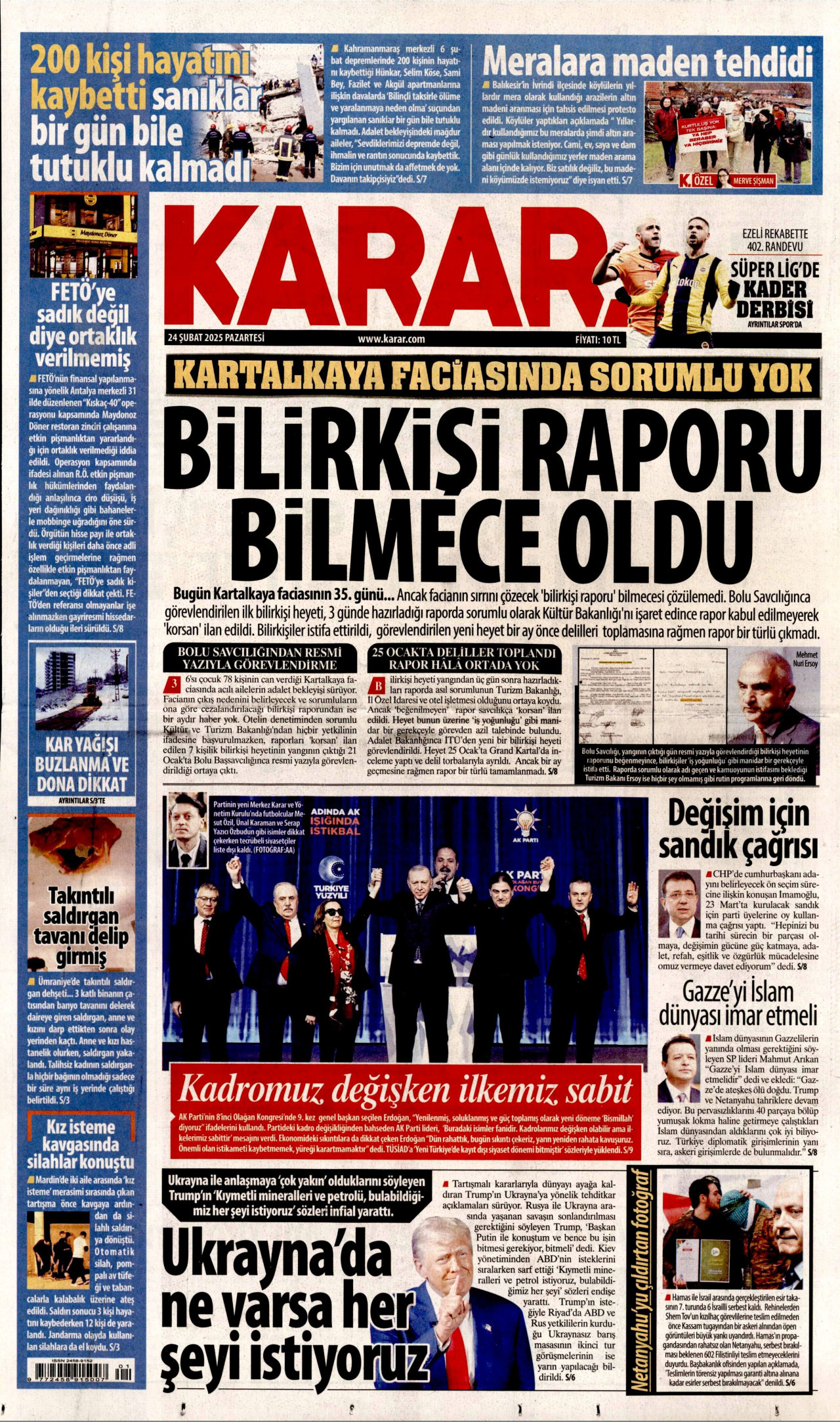 KARAR gazetesinin 24 Şubat 2025 tarihli birinci sayfası
