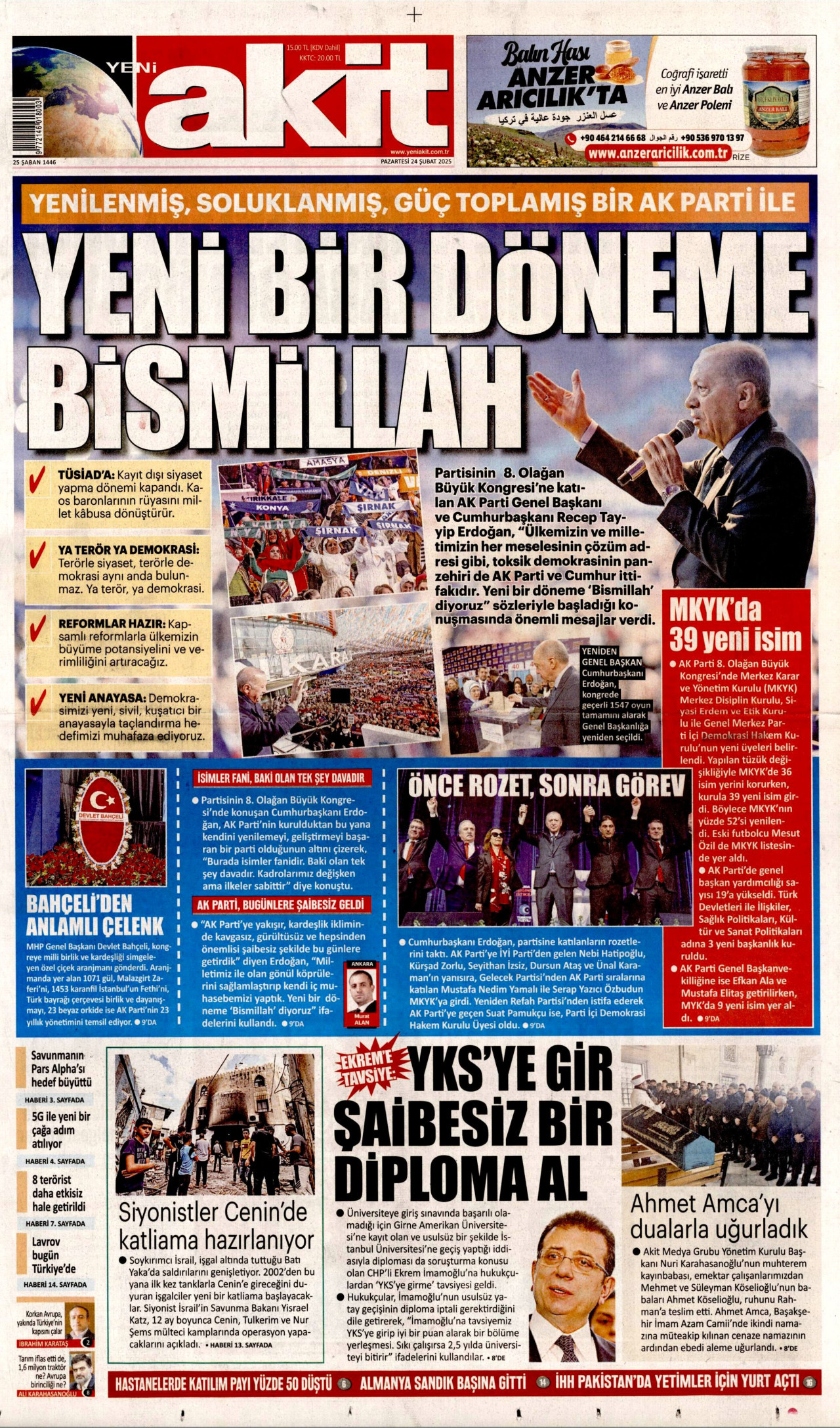 YENİ AKİT gazetesinin 24 Şubat 2025 tarihli birinci sayfası