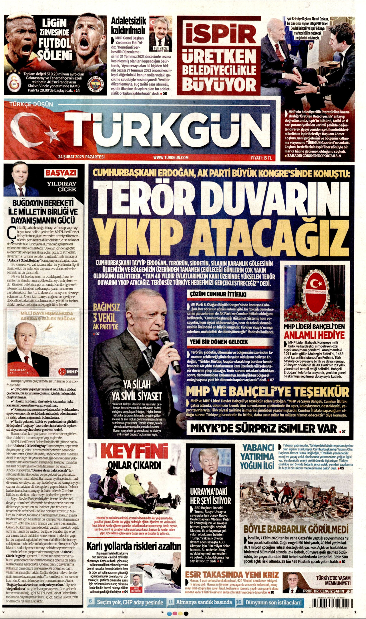 TÜRKGÜN gazetesinin 24 Şubat 2025 tarihli birinci sayfası