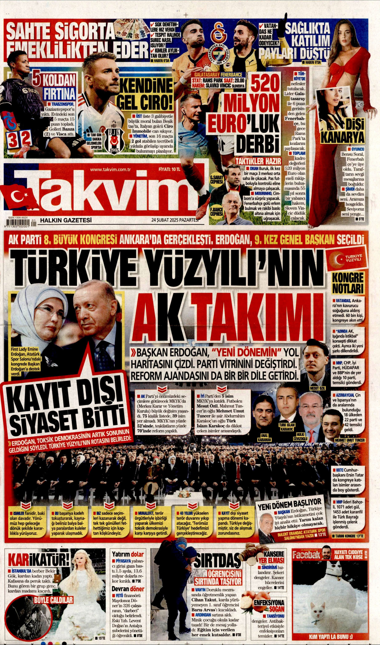 TAKVİM gazetesinin 24 Şubat 2025 tarihli birinci sayfası