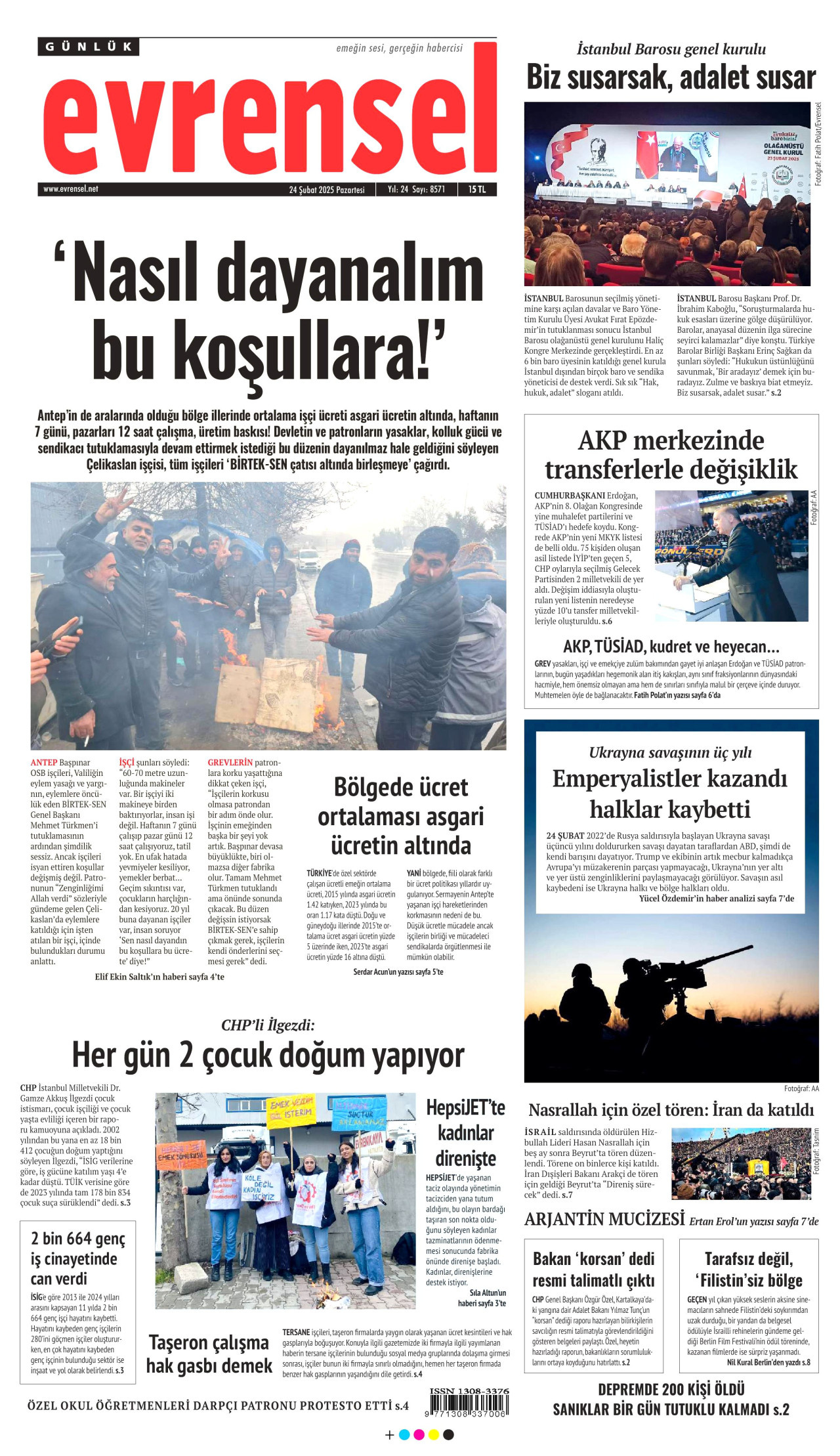 EVRENSEL gazetesinin 24 Şubat 2025 tarihli birinci sayfası