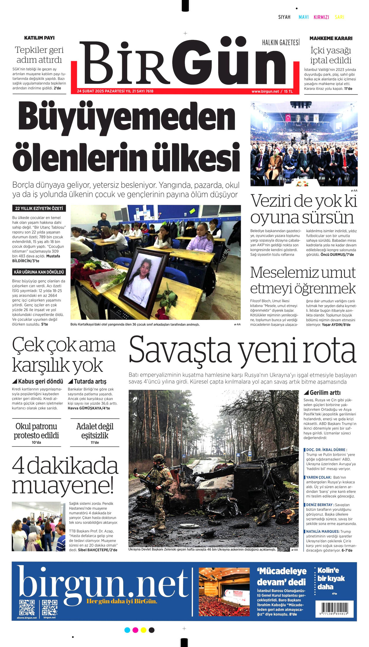 BİRGÜN gazetesinin 24 Şubat 2025 tarihli birinci sayfası