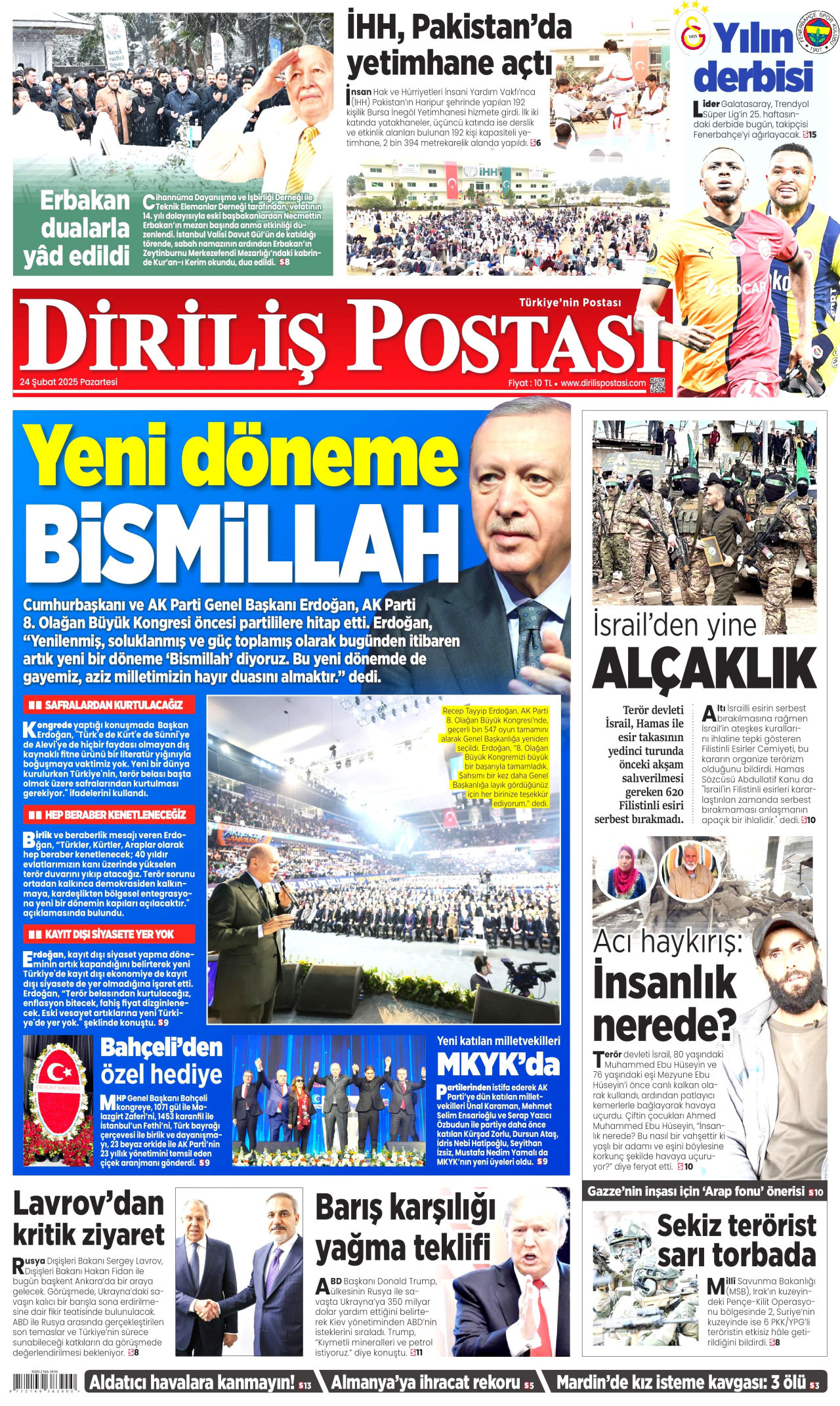 DİRİLİŞ POSTASI gazetesinin 24 Şubat 2025 tarihli birinci sayfası