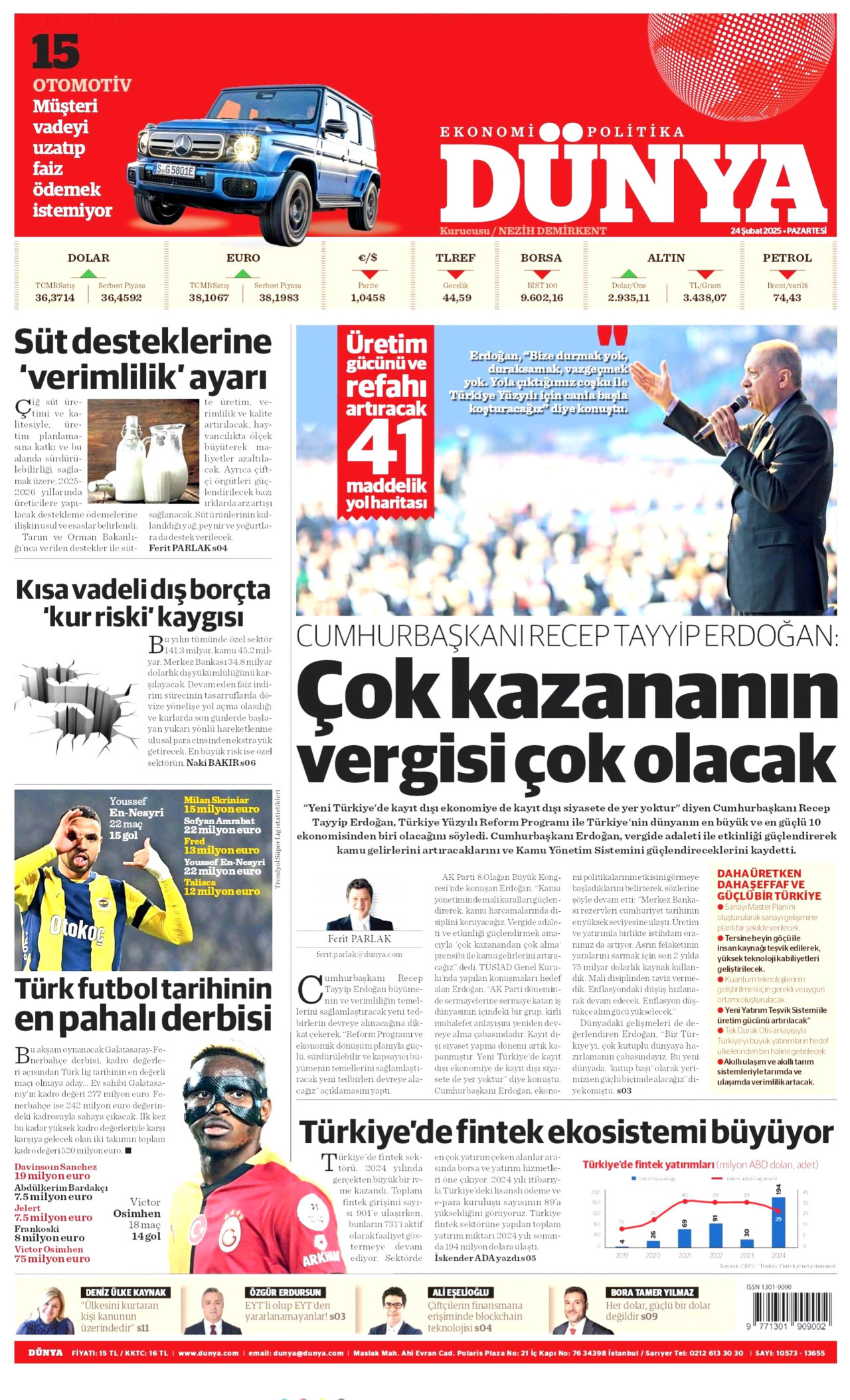 DÜNYA gazetesinin 24 Şubat 2025 tarihli birinci sayfası
