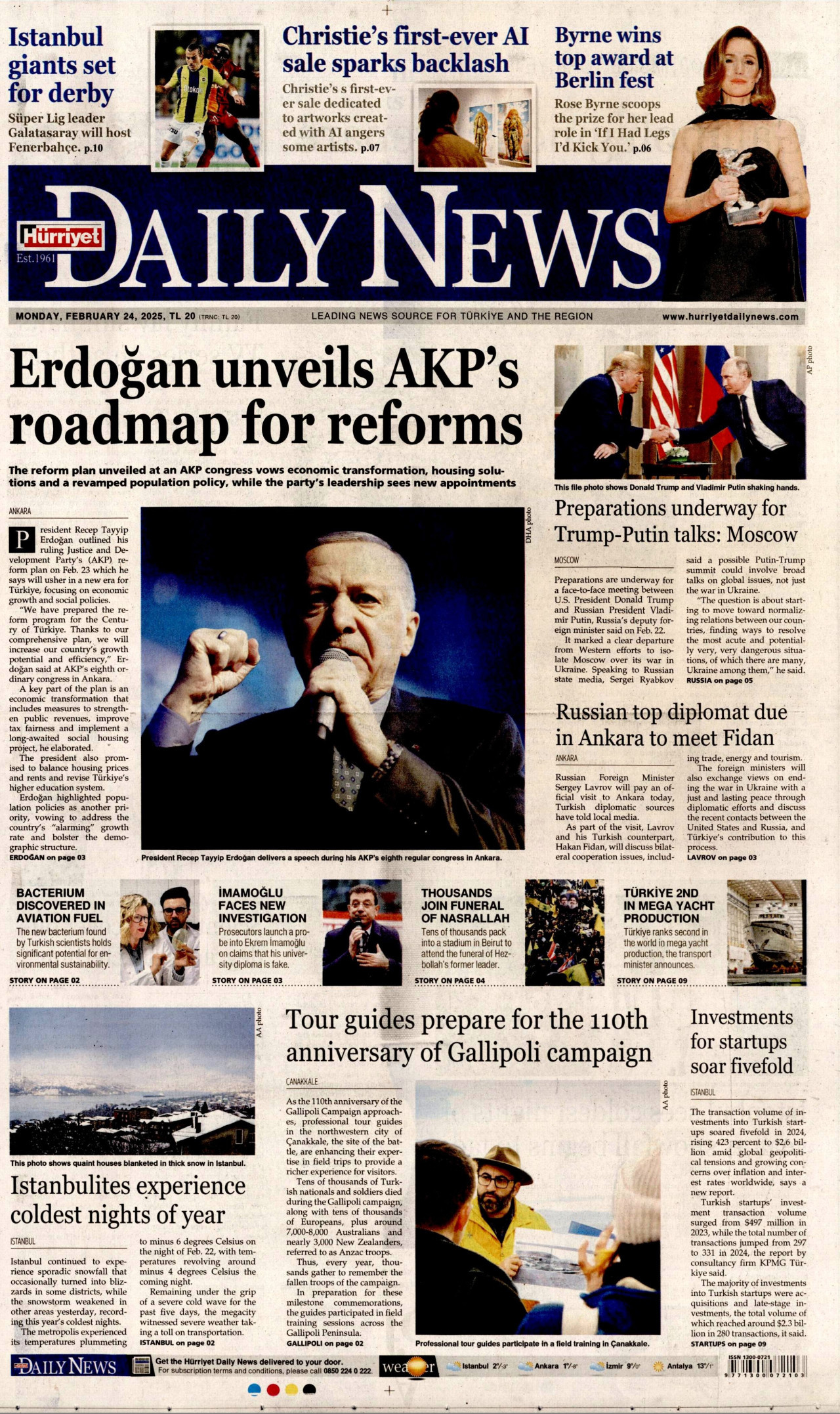 HÜRRİYET DAİLY NEWS gazetesinin 24 Şubat 2025 tarihli birinci sayfası