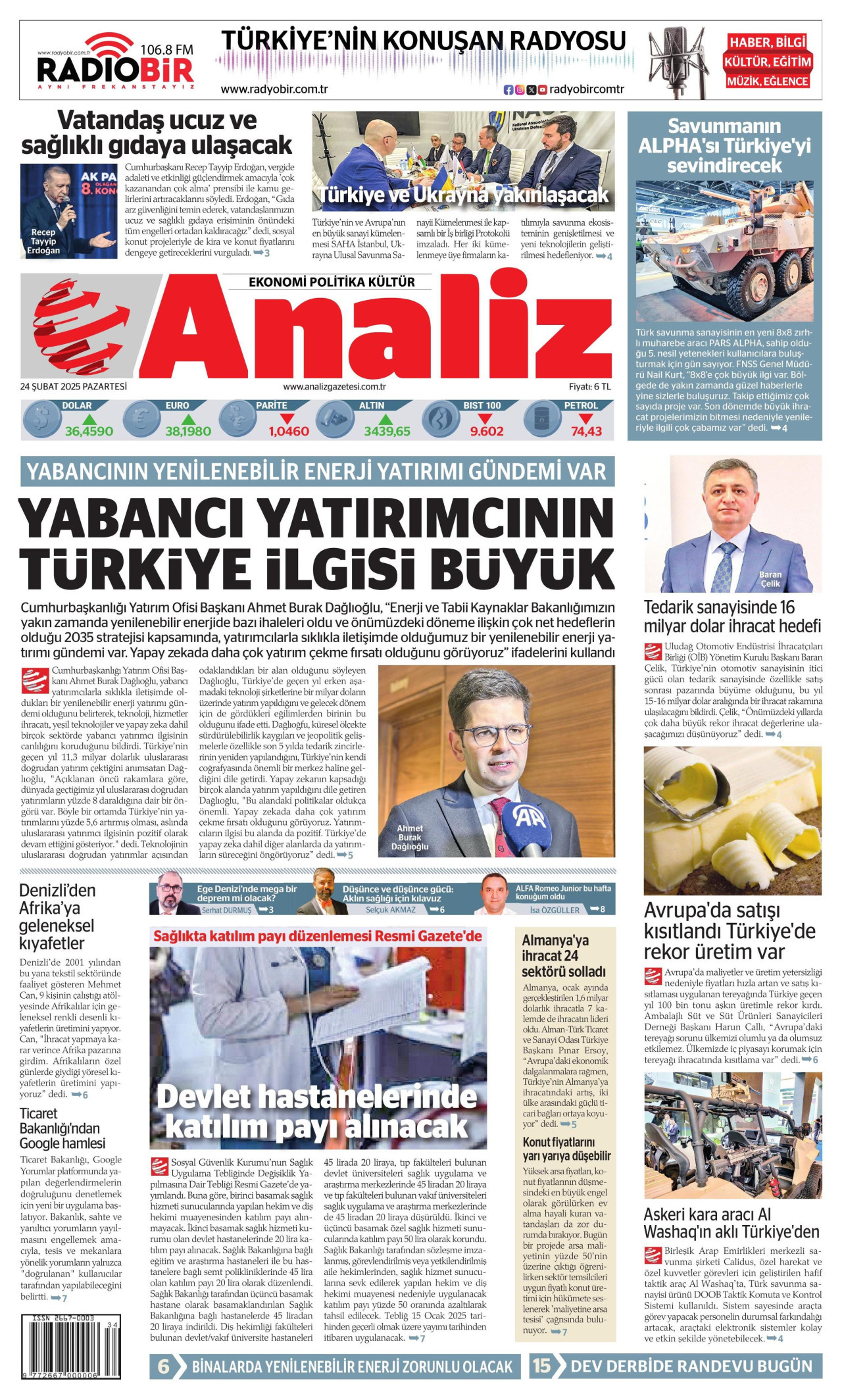 ANALİZ gazetesinin 24 Şubat 2025 tarihli birinci sayfası