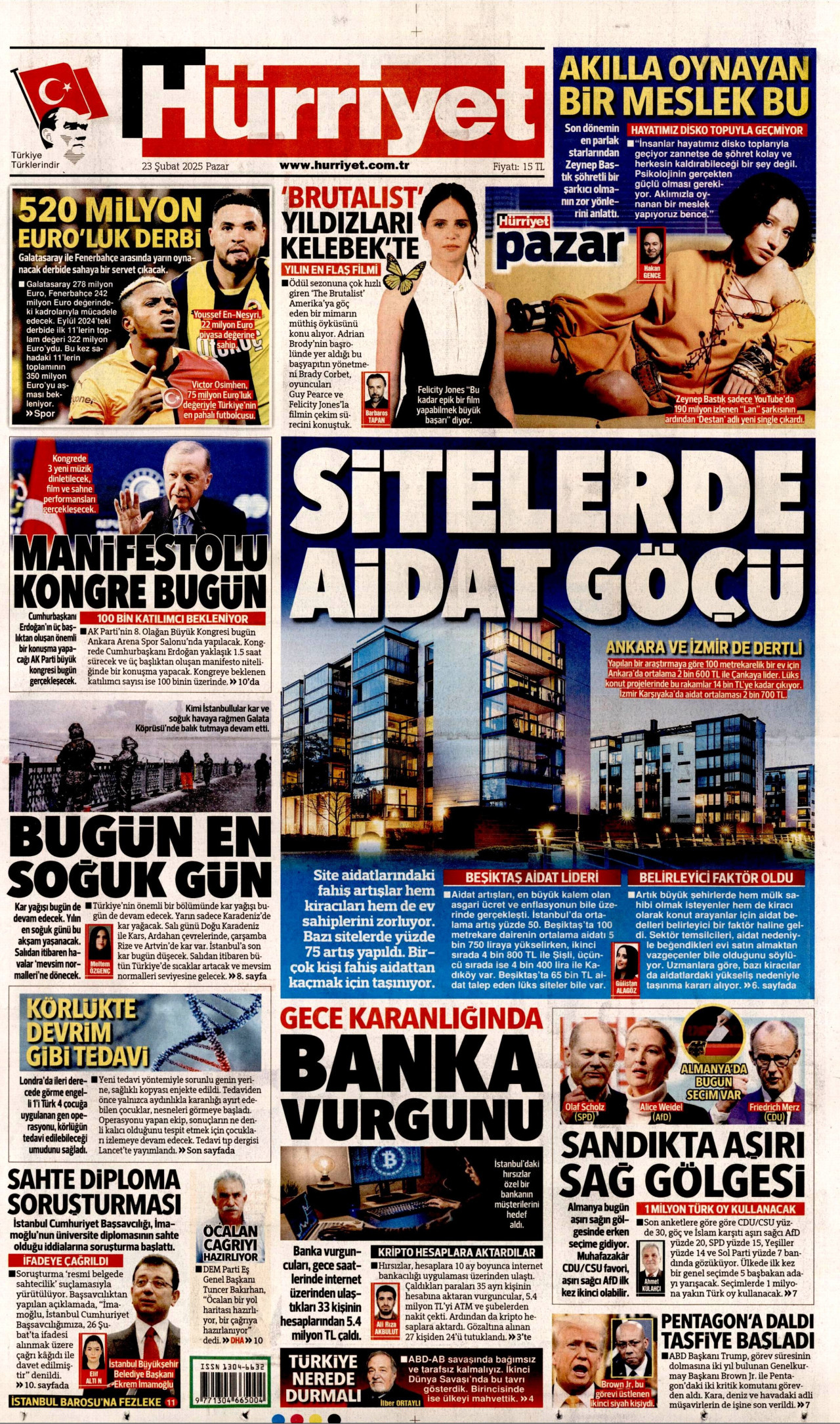 HÜRRİYET gazetesinin 23 Şubat 2025 tarihli birinci sayfası