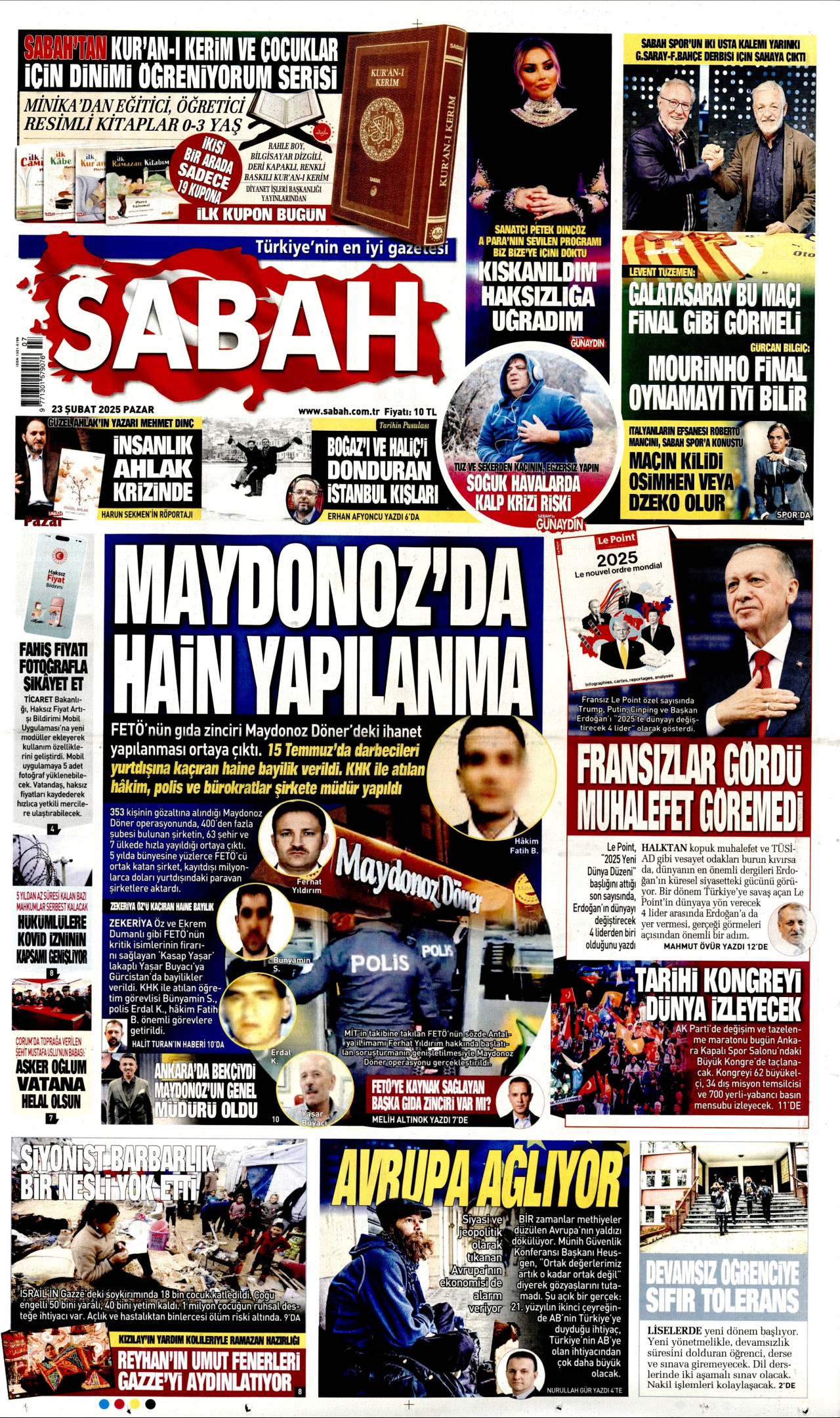 SABAH gazetesinin 23 Şubat 2025 tarihli birinci sayfası