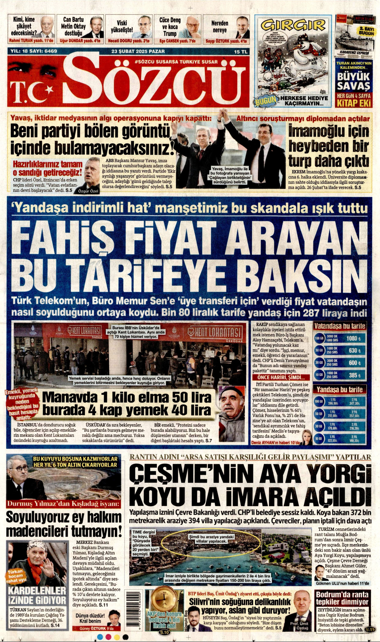 SÖZCÜ gazetesinin 23 Şubat 2025 tarihli birinci sayfası