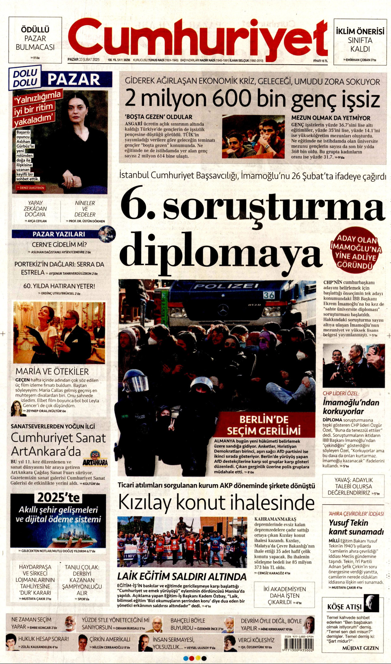 CUMHURİYET gazetesinin 23 Şubat 2025 tarihli birinci sayfası
