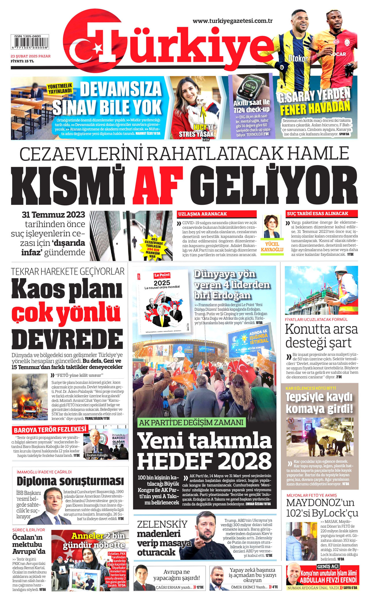 TÜRKİYE GAZETESİ gazetesinin 23 Şubat 2025 tarihli birinci sayfası