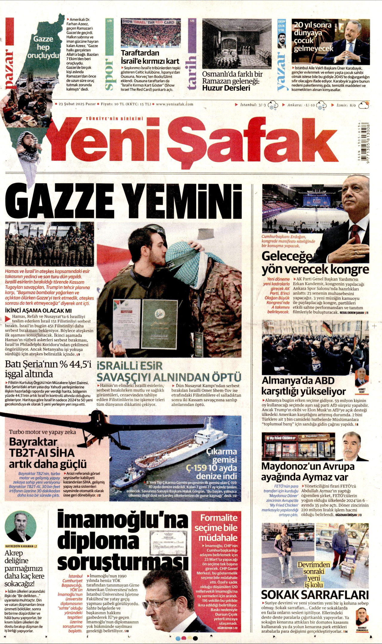 YENİ ŞAFAK gazetesinin 23 Şubat 2025 tarihli birinci sayfası