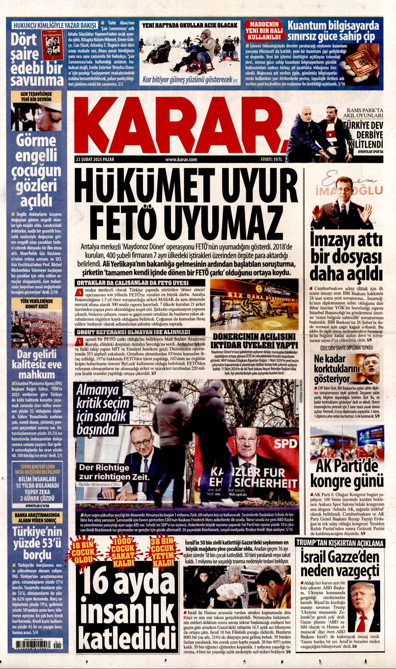 KARAR gazetesinin 23 Şubat 2025 tarihli birinci sayfası